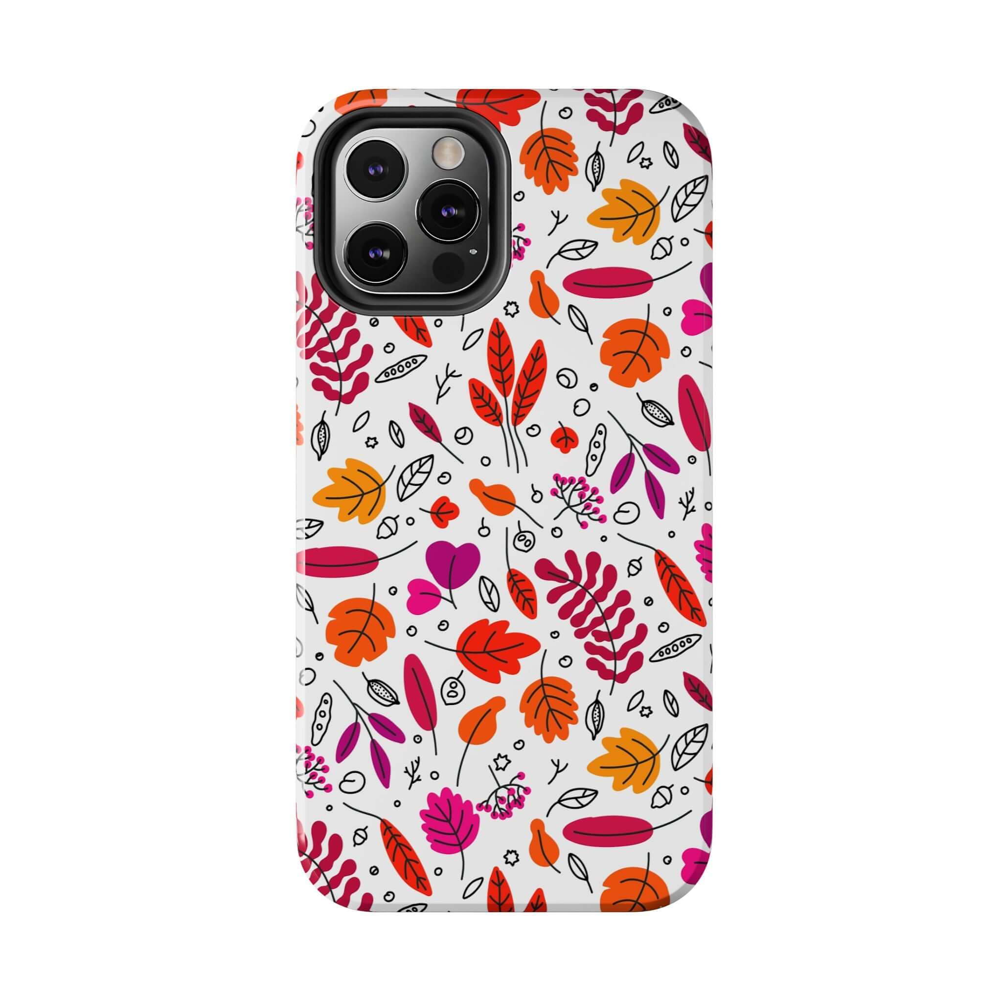 Fall in Love Fall Leaves Case – Halloween themed wireless iPhone case with colorful autumn design featuring orange, purple, and red leaves.