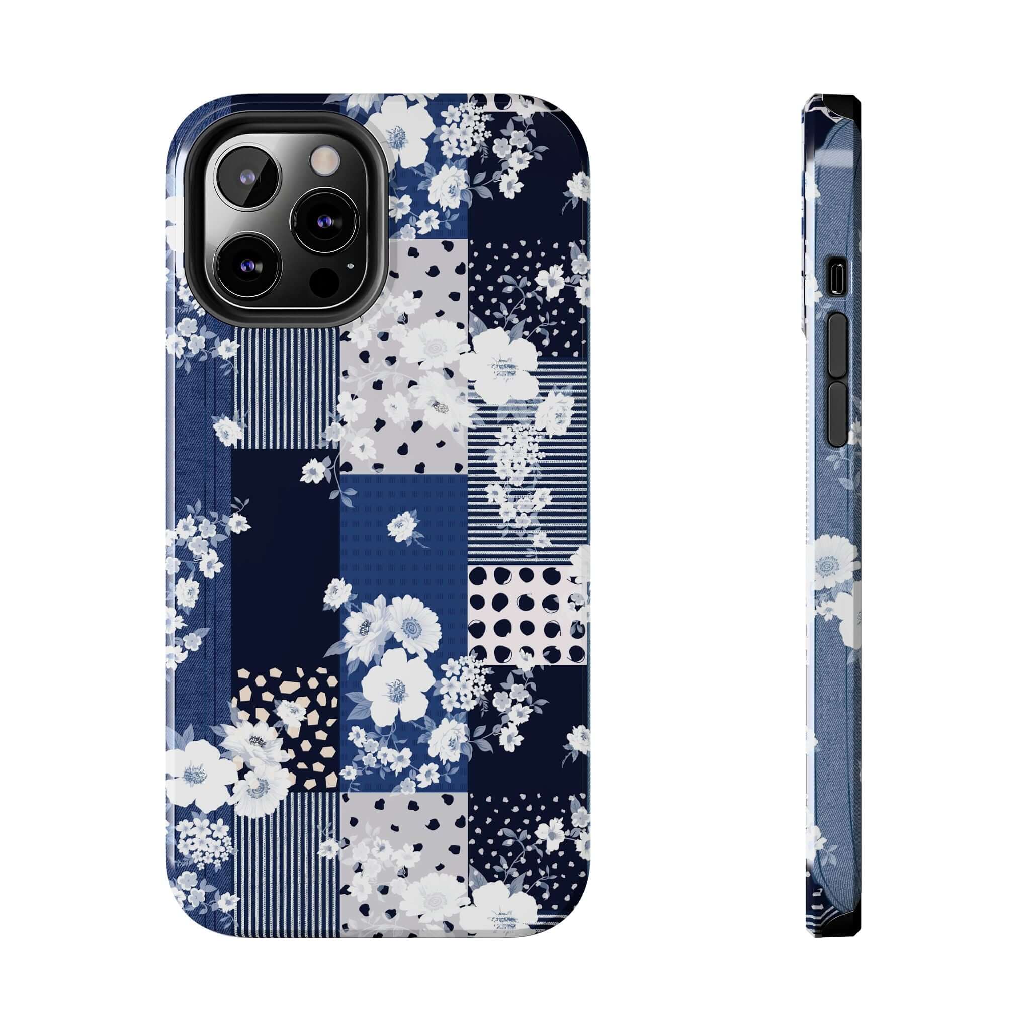 Sorority Book Club Blue Floral iPhone Case with Patchwork Design - Cute Phone Cover with Flowers for iPhone and Samsung devices.