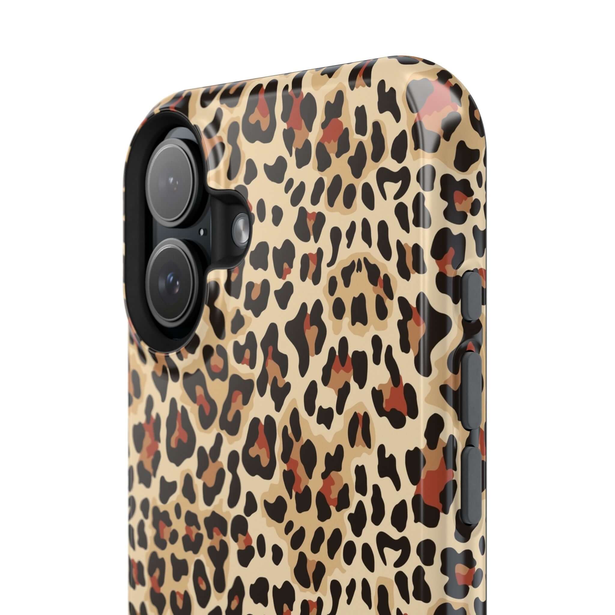 Leopard print MagSafe iPhone case with colorful abstract design, combining style and functionality for a chic and cute phone accessory.