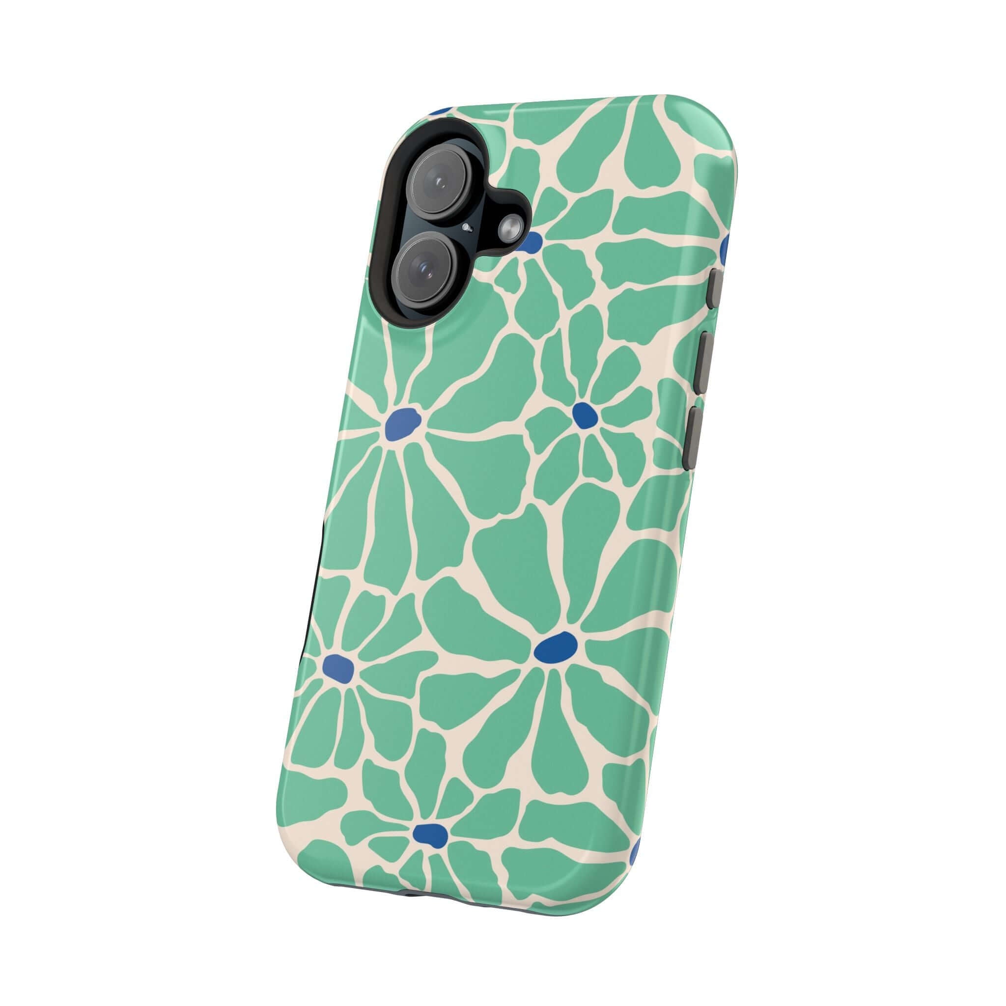 Retro floral phone case in mint green with blue accents, perfect cute phone cover for Apple iPhone with MagSafe technology.