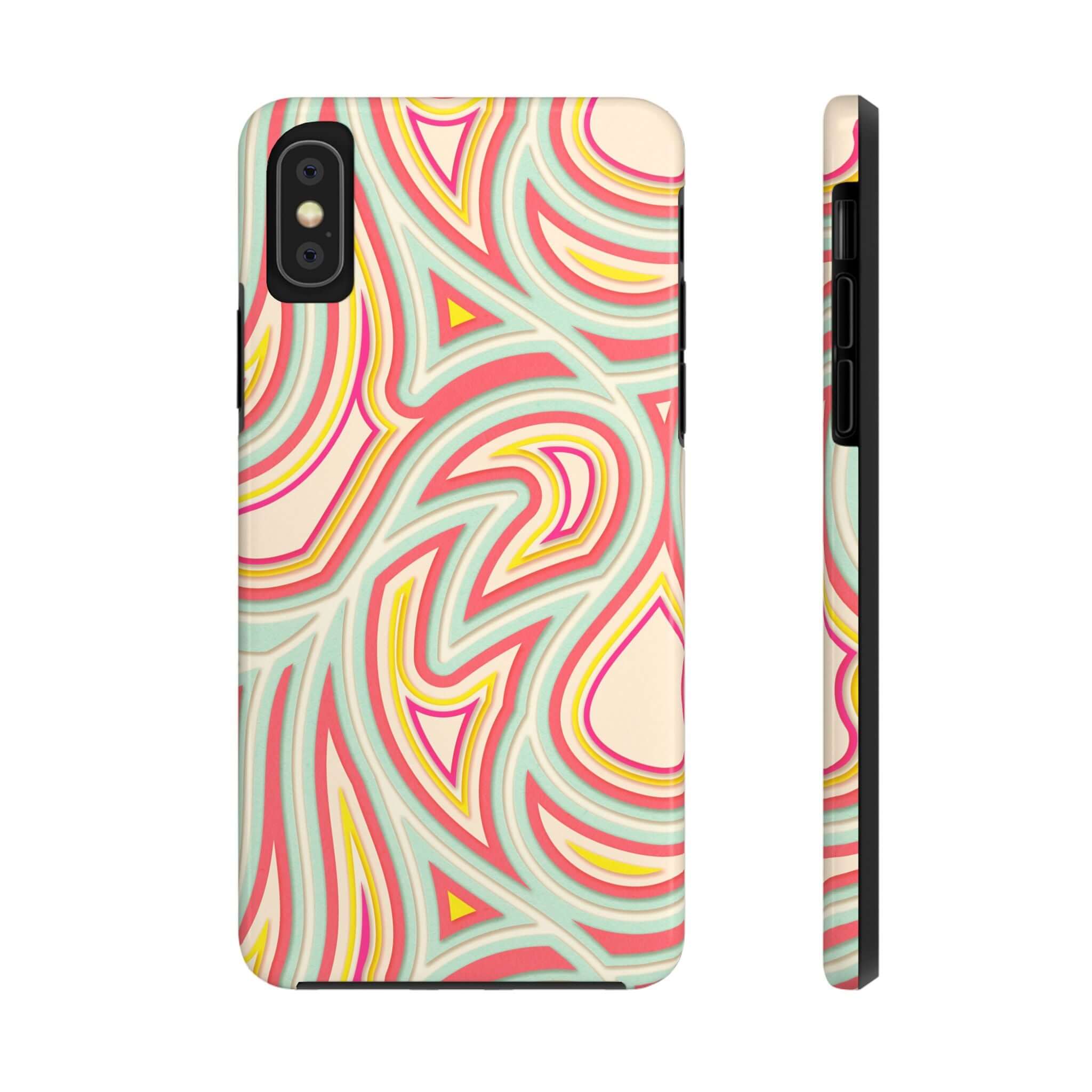 Colorful retro abstract phone case featuring groovy waves design for iPhone and Samsung phones. Cute, funky phone cover with flower patterns.