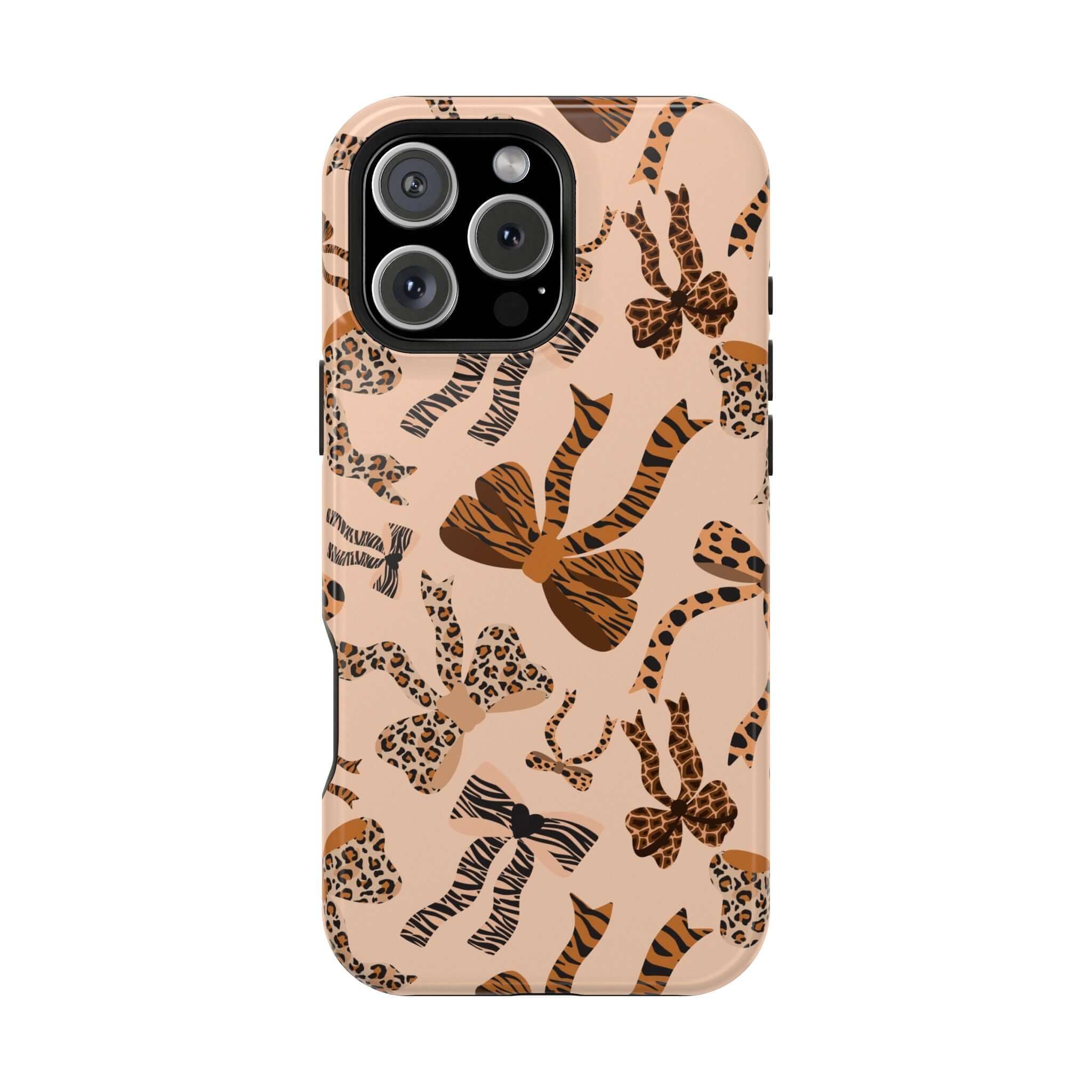 Colorful Safari Coquette iPhone case with cute leopard bows and abstract pattern, perfect for a stylish phone accessory.