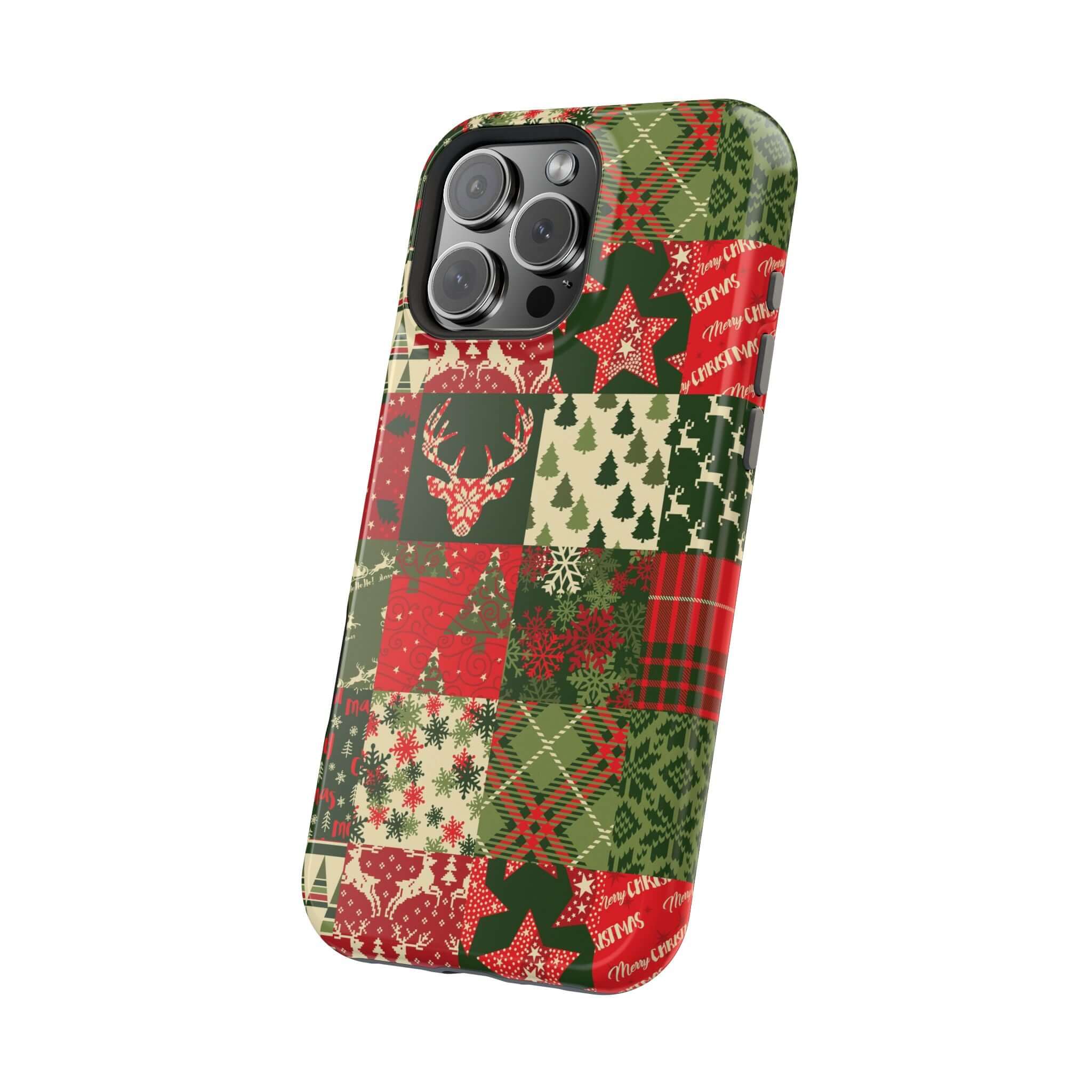 Cozy Quiltmas MagSafe case with festive holiday patterns, featuring Christmas trees and reindeer. Perfect Xmas phone cover.