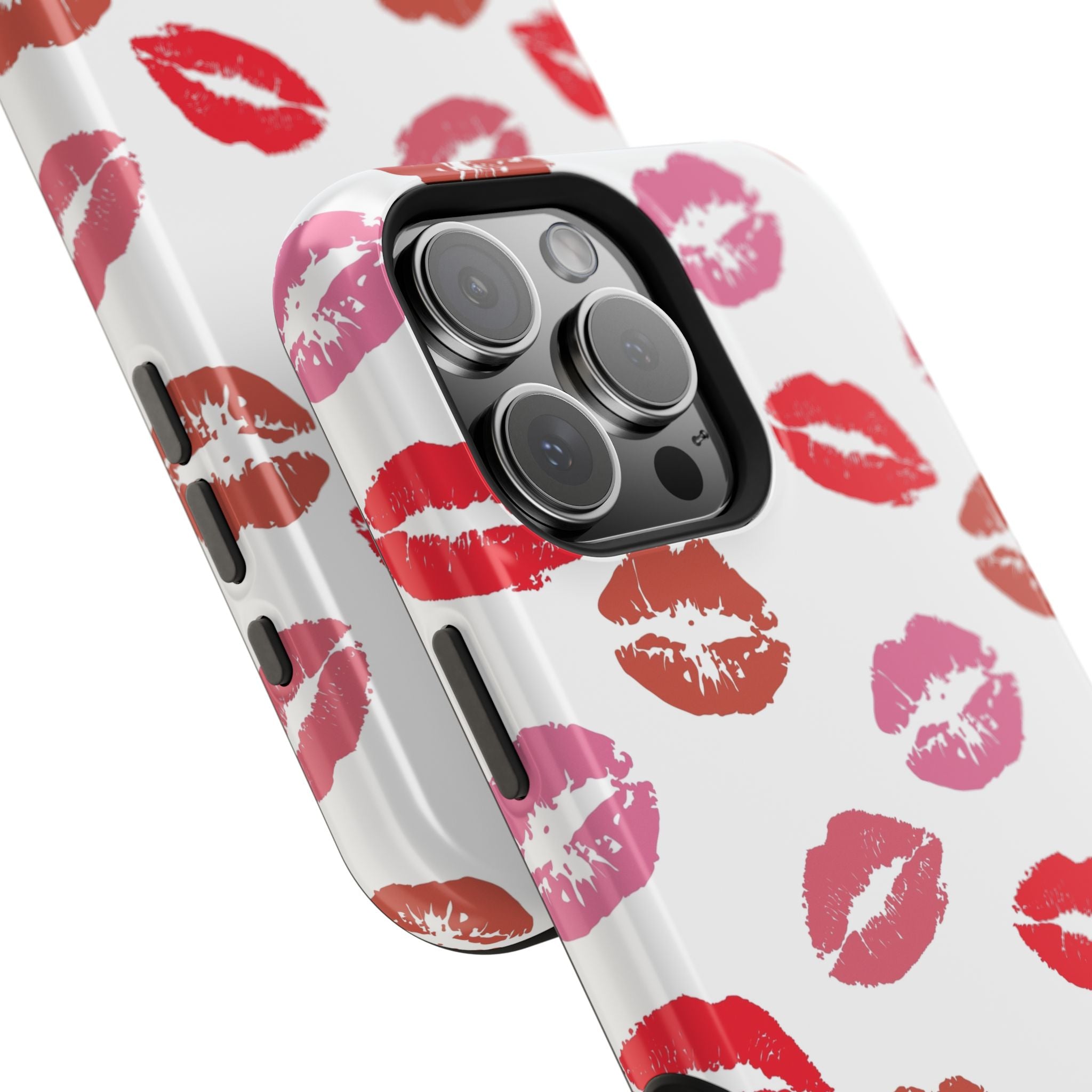 Cute phone case with colorful lipstick kisses print for iPhone protection and style.