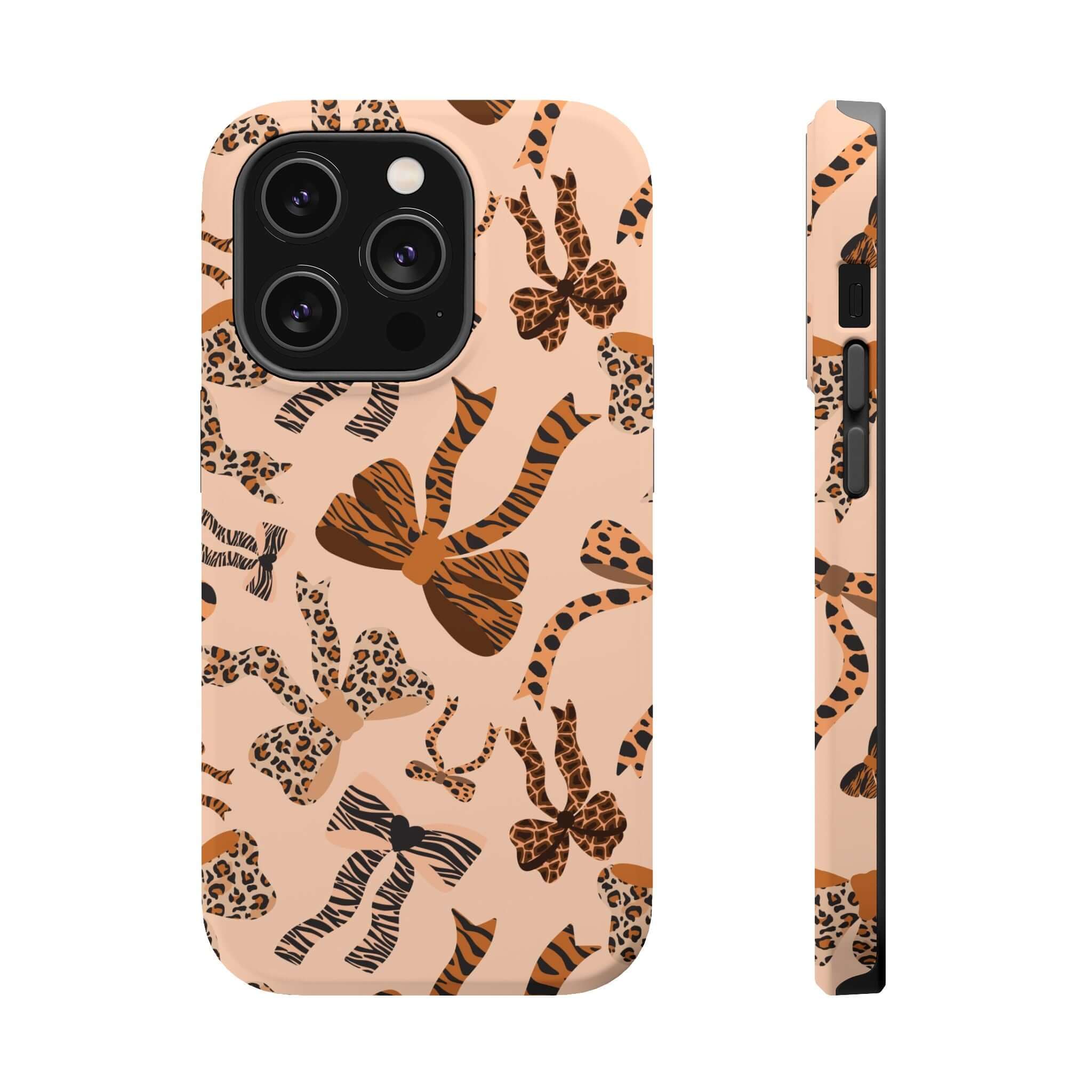 Colorful iPhone case with leopard print and cute bows, Safari Coquette design, MagSafe compatible for wild and stylish look.