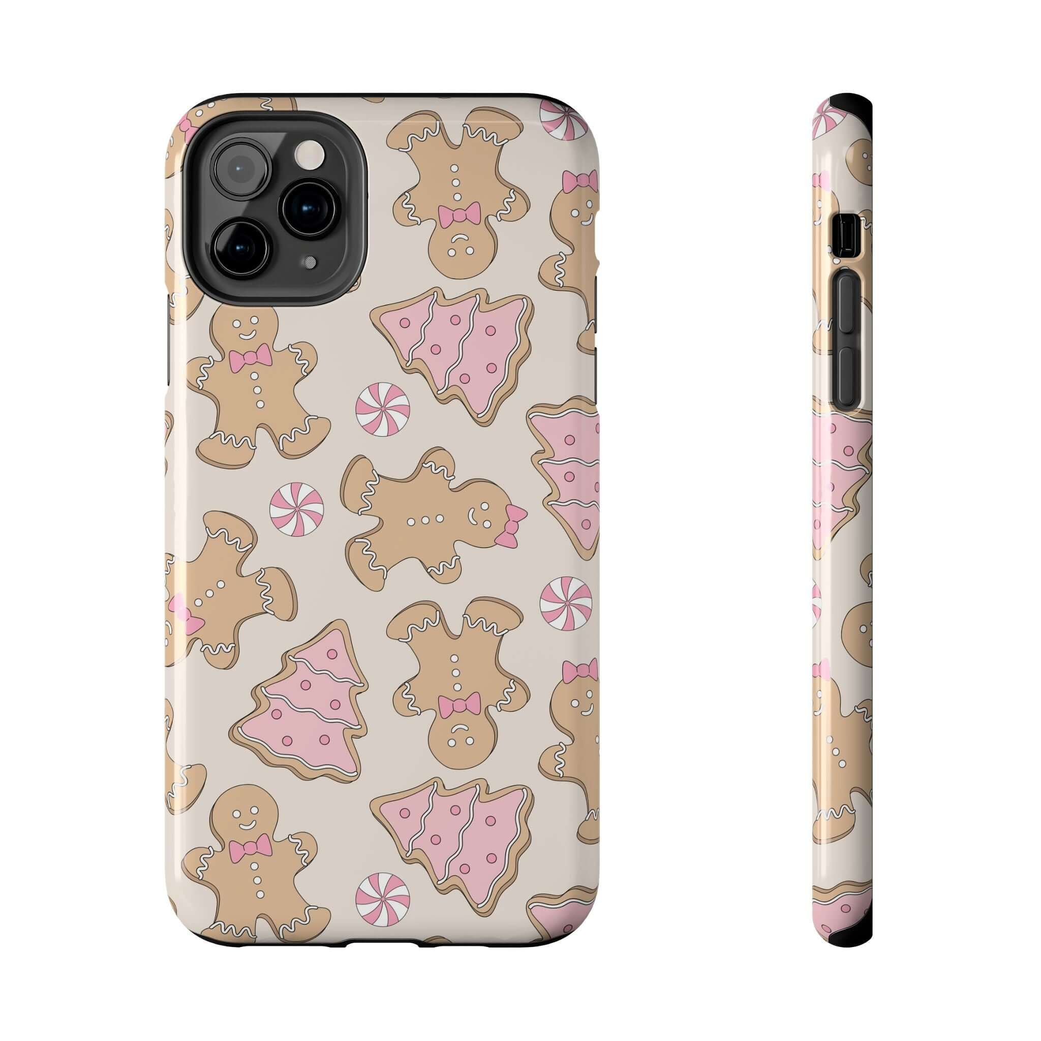 Cute iPhone case with gingerbread cookie and holiday patterns, perfect Christmas phone cover for festive cheer and gift-giving.