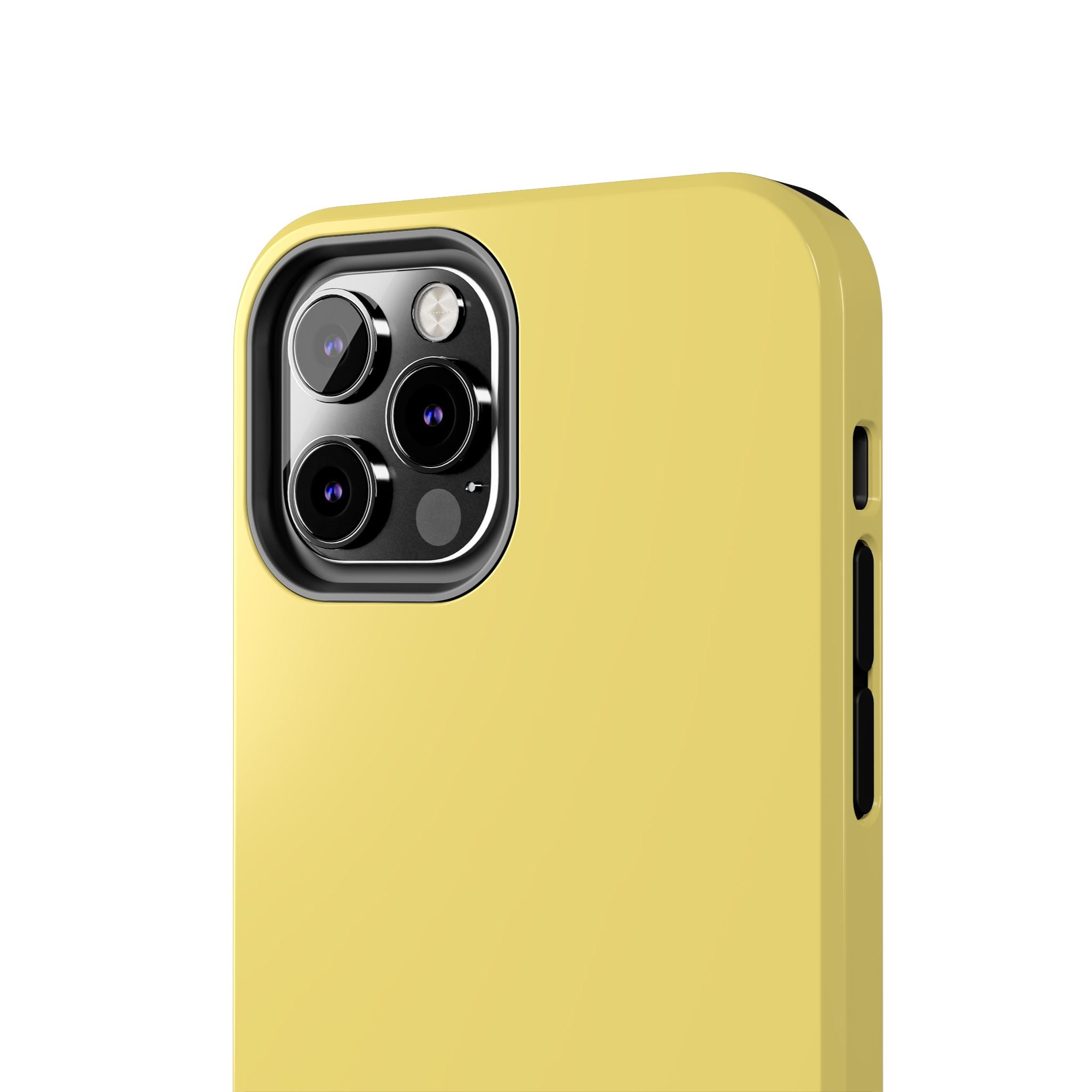 Solid yellow iPhone case, Lemon Drop, showcasing cute design for a fun phone upgrade. Perfect playful phone case for iPhone users.