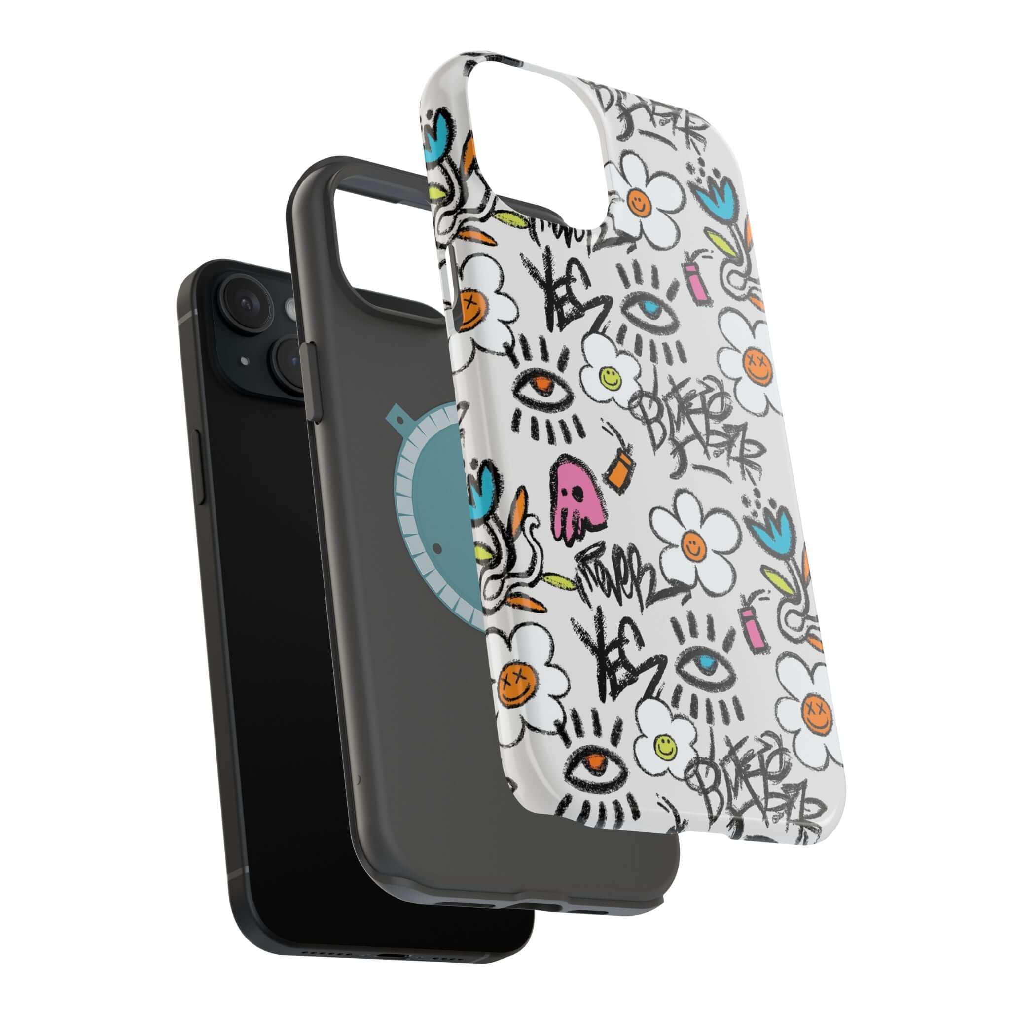 Vibrant Happy Chaos Floral Graffiti Case for iPhone, showcasing cute phone cover designs and MagSafe technology.