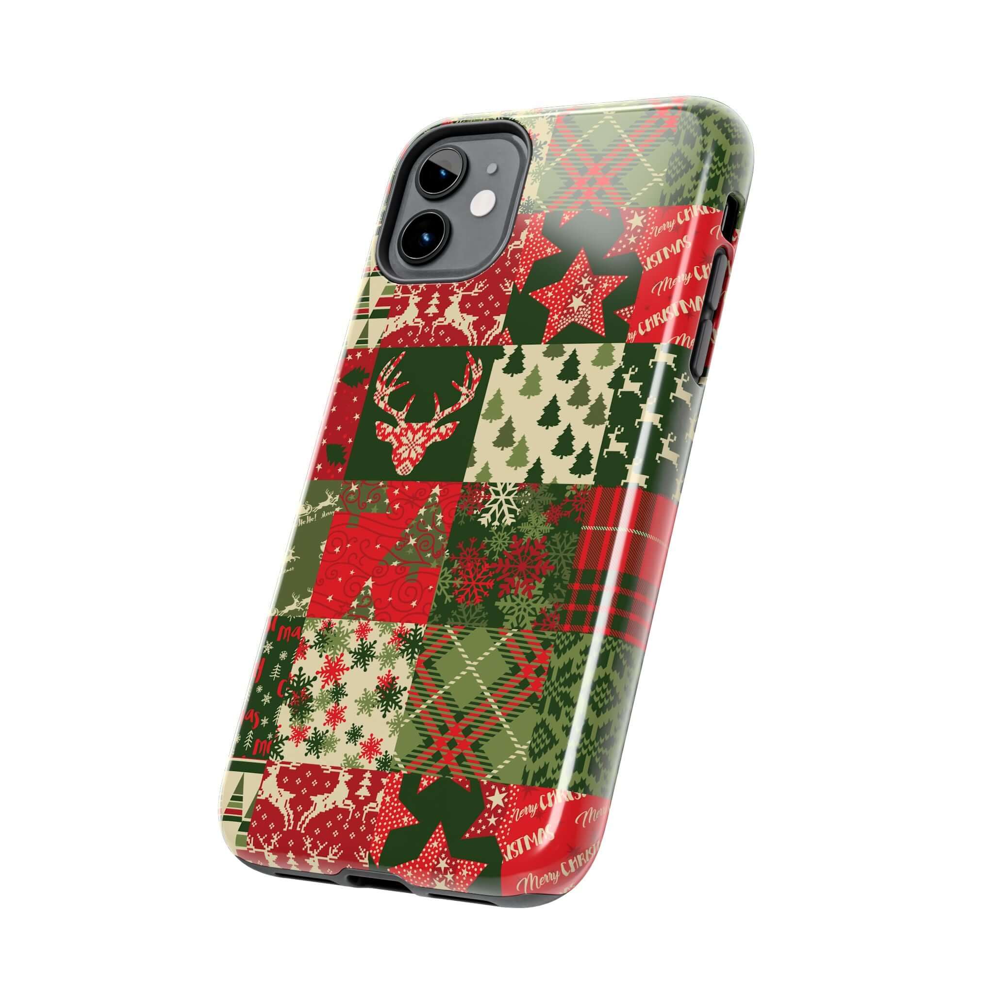 Festive green holiday iPhone case with Christmas trees, snowflakes, and cute patterned design. Cozy Quiltmas custom phone case.