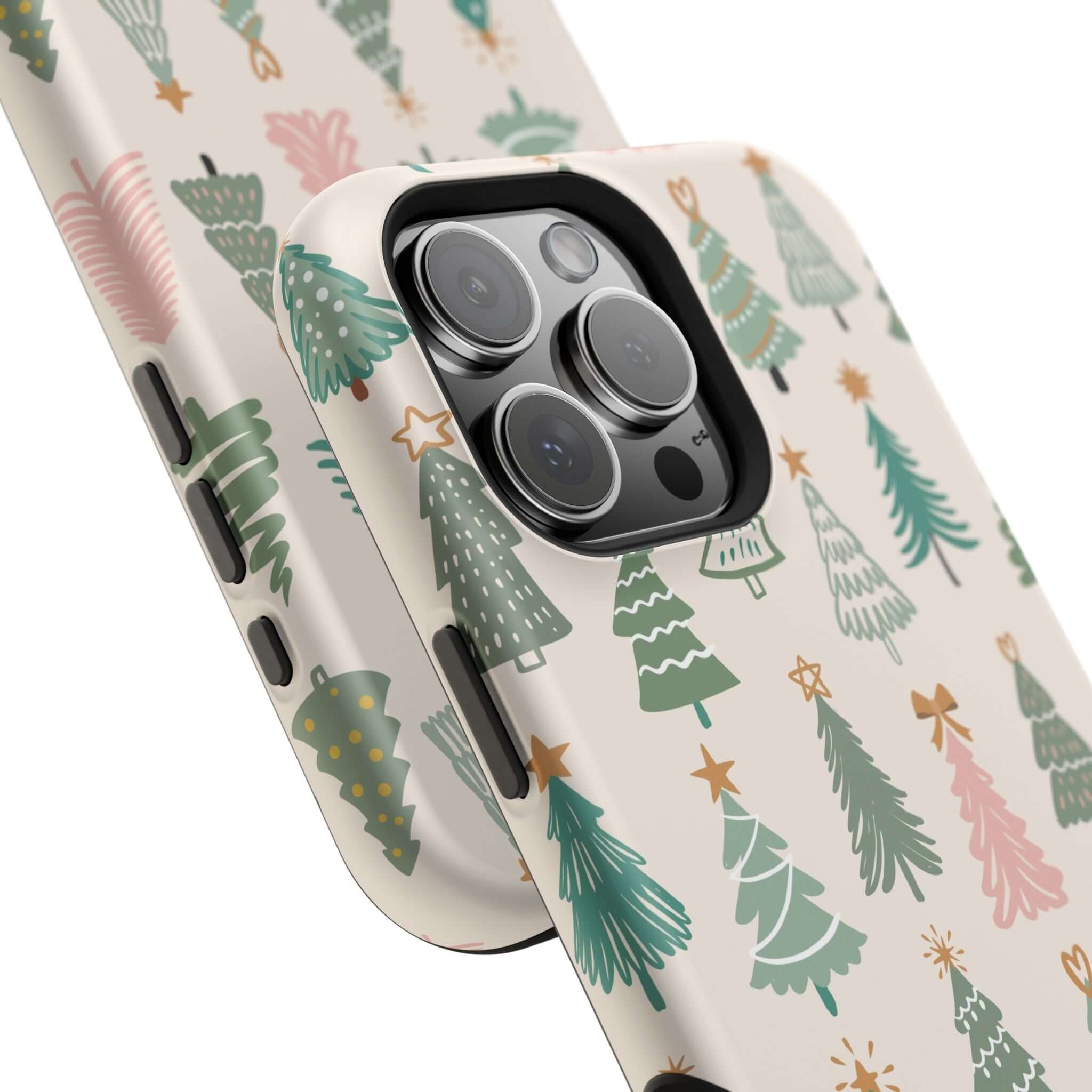 Festive O Christmas Tree MagSafe case featuring a unique holiday design and convenient MagSafe technology for phone protection.