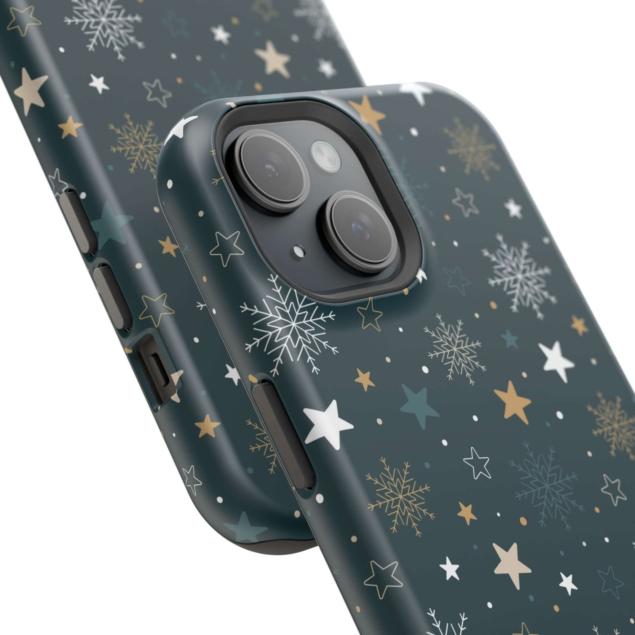 Holiday-themed MagSafe phone case with snowflakes and stars, perfect for Christmas and winter festivities.