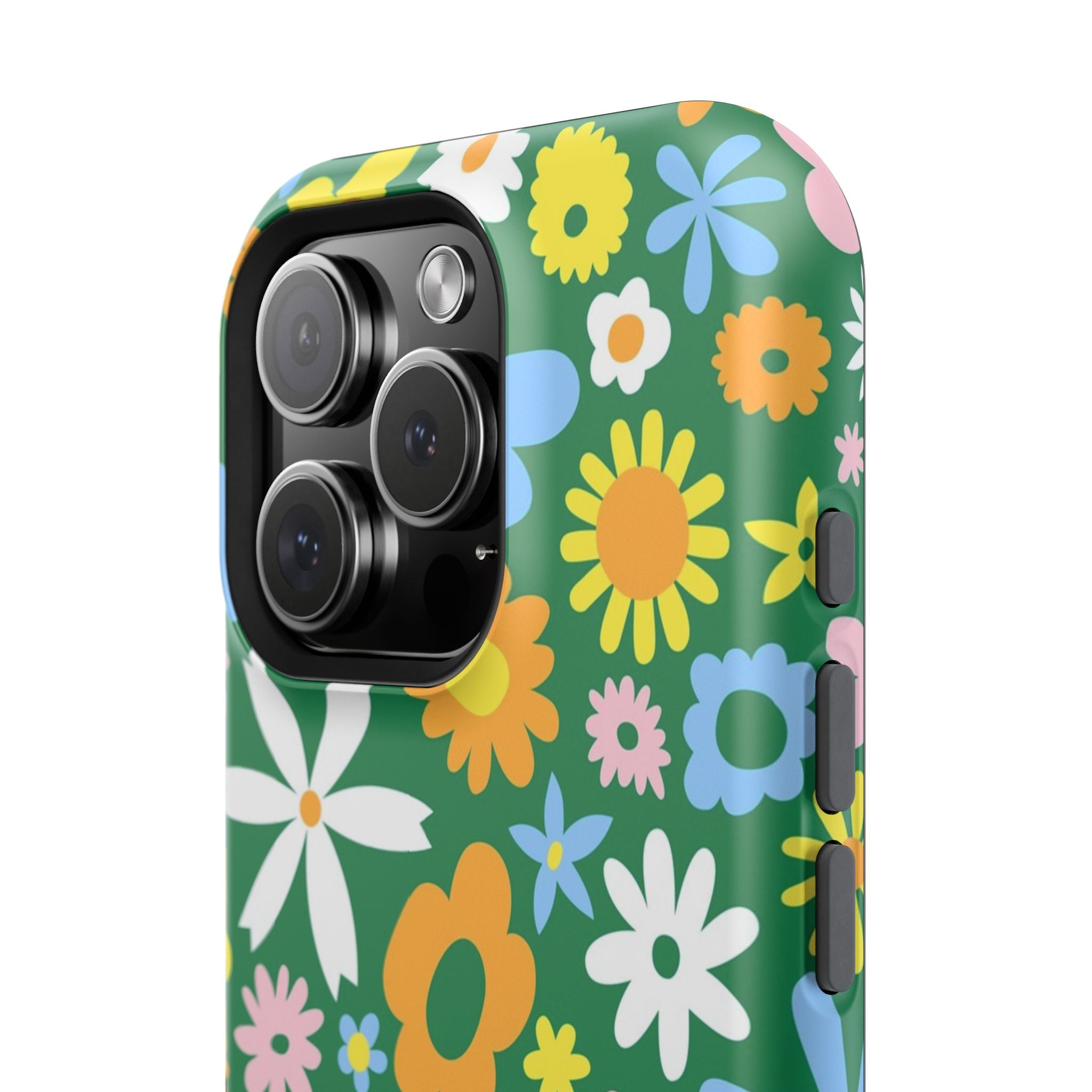 Vibrant floral MagSafe iPhone case with colorful hippie design, featuring cute flowers on a green background for stylish phone protection.