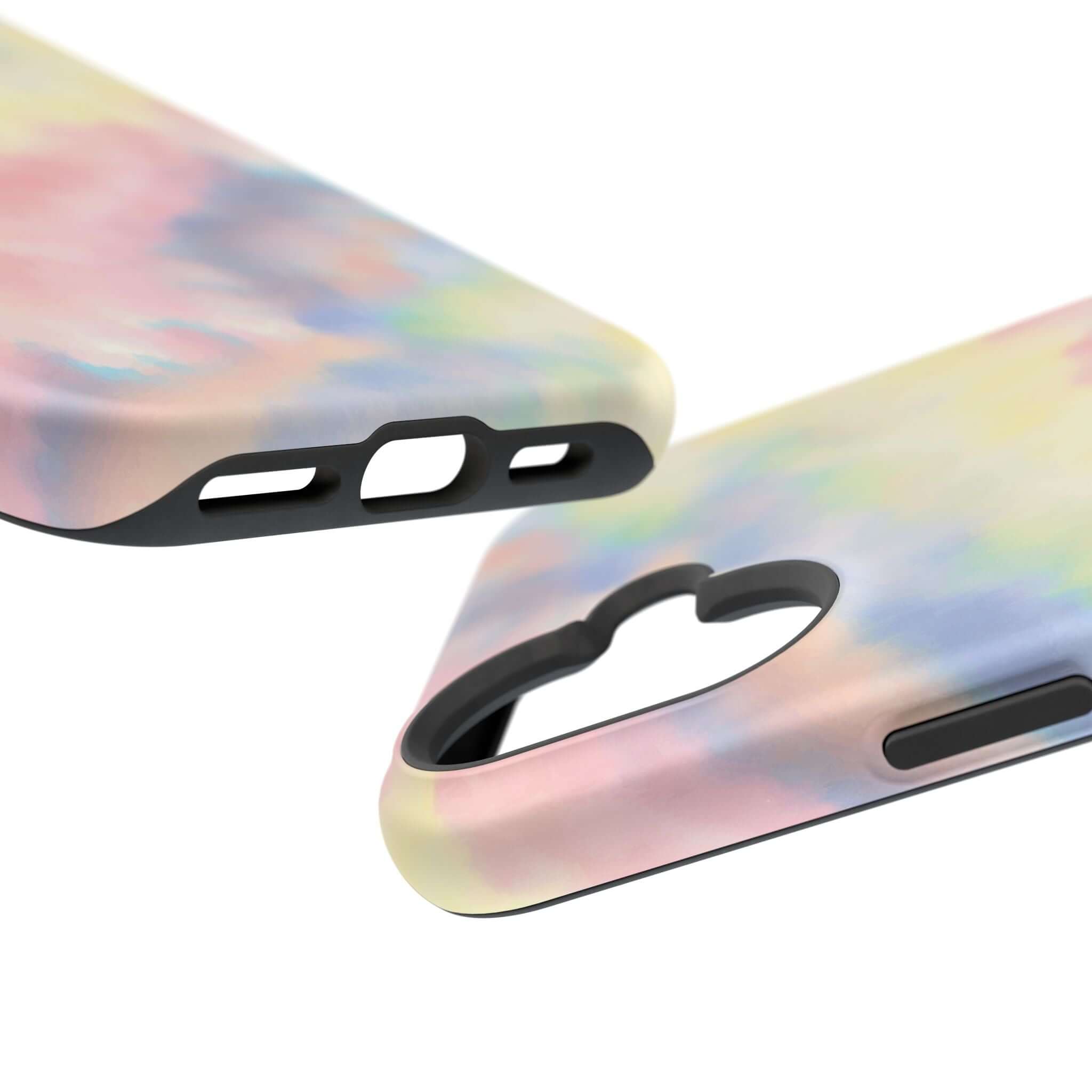 Pastel tie dye iPhone case with MagSafe, featuring Unicorn Dreams design. Cute custom phone case for vibrant, colorful style.