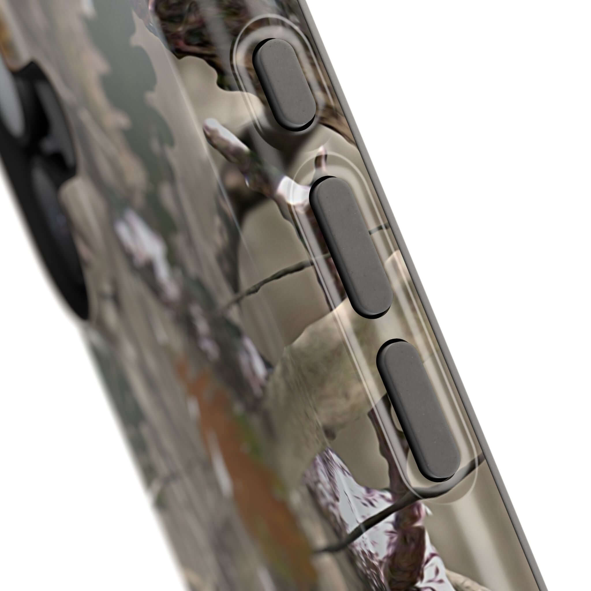 Close-up of modern forest camo phone case with MagSafe compatibility, showcasing cute and quirky animal print design.