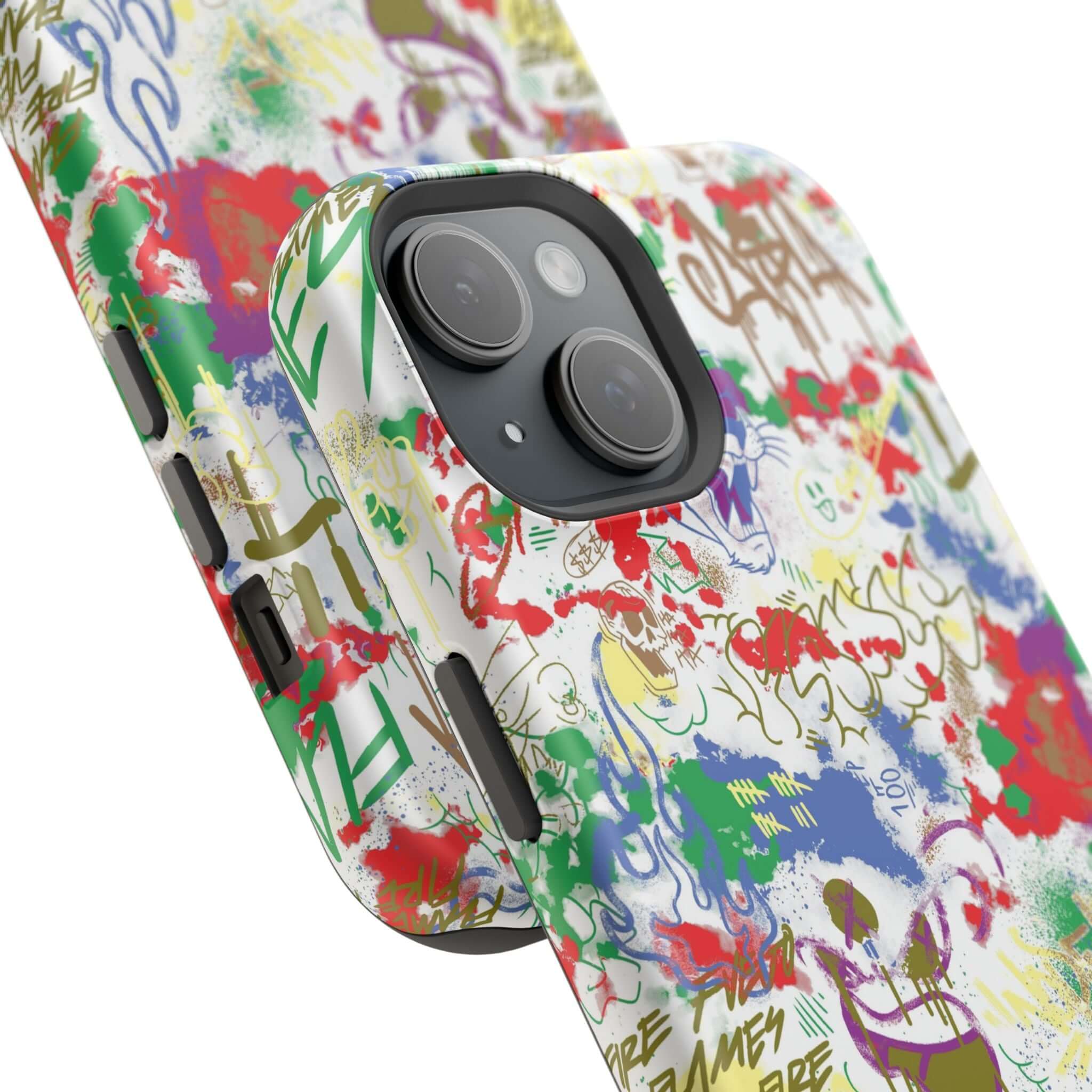 Colorful graffiti phone case for iPhone, showcasing vibrant street art and MagSafe technology for cute protection.