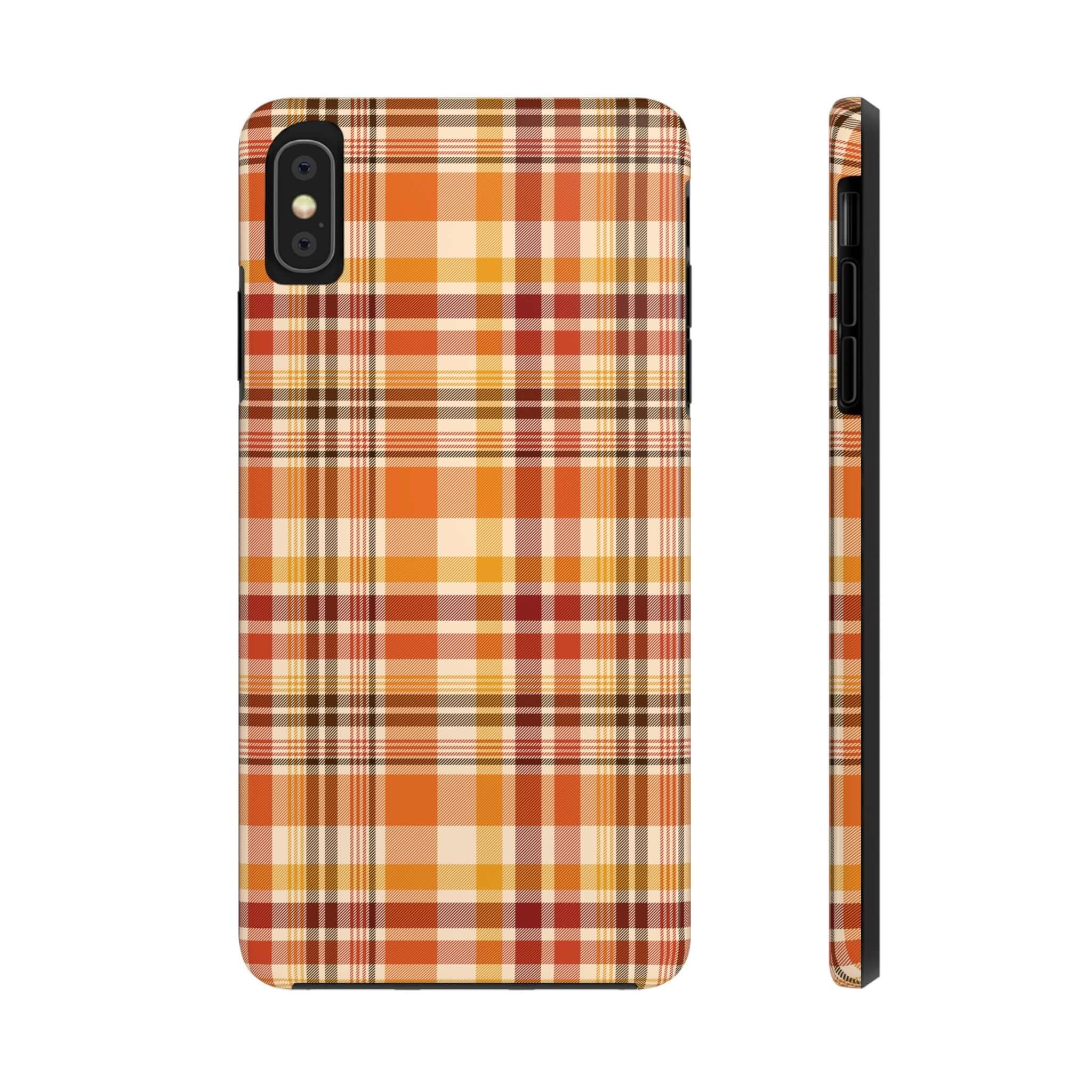 Autumn Air Fall Plaid Halloween phone case with cute plaid design for iPhone, perfect for the autumn season, shown from both front and side.