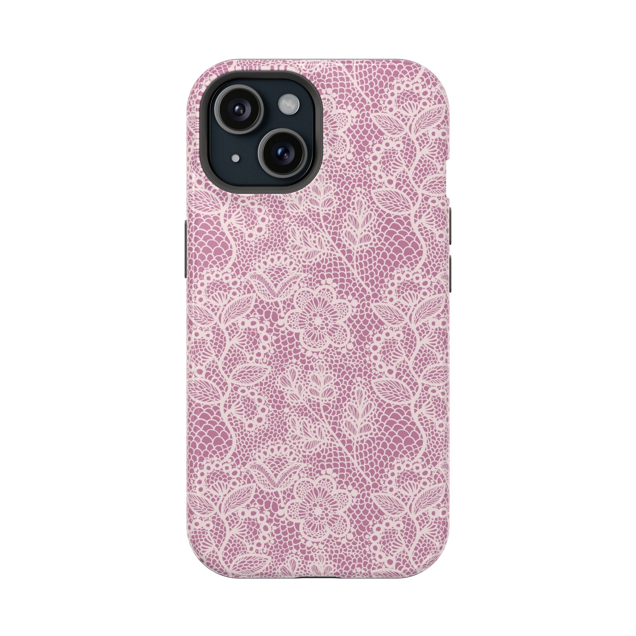 Pink lace MagSafe iPhone case with floral design, offering cute phone cover style and protection. Perfect for a touch of country charm.