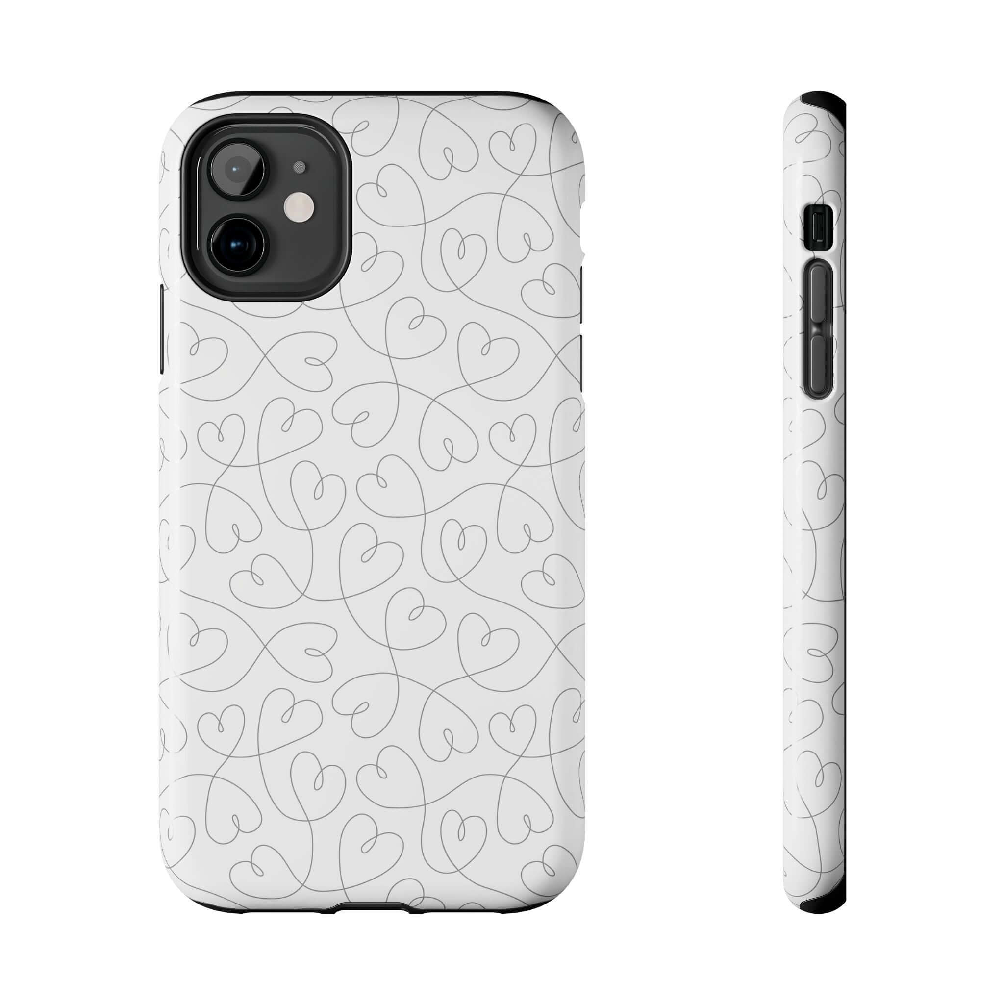 Silver Hearts Romance phone case for iPhone 14 Pro Max featuring abstract hearts design, perfect for brides and weddings, cute phone cases.