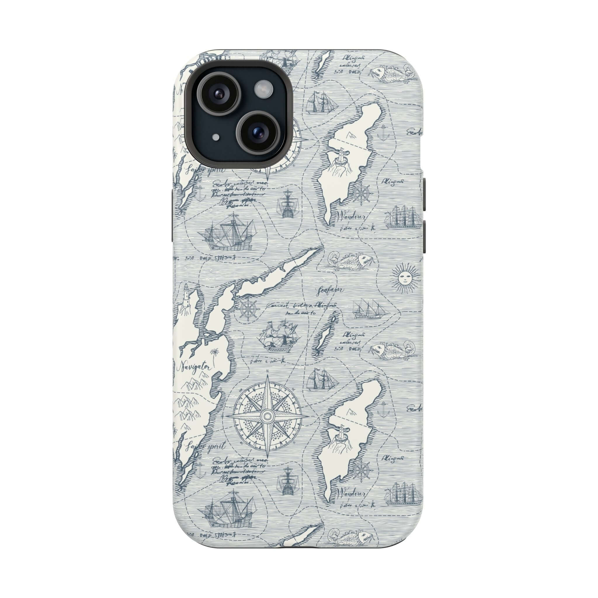 Teal nautical map phone case with MagSafe for iPhone 14 Pro Max featuring Pirates Passageway design.