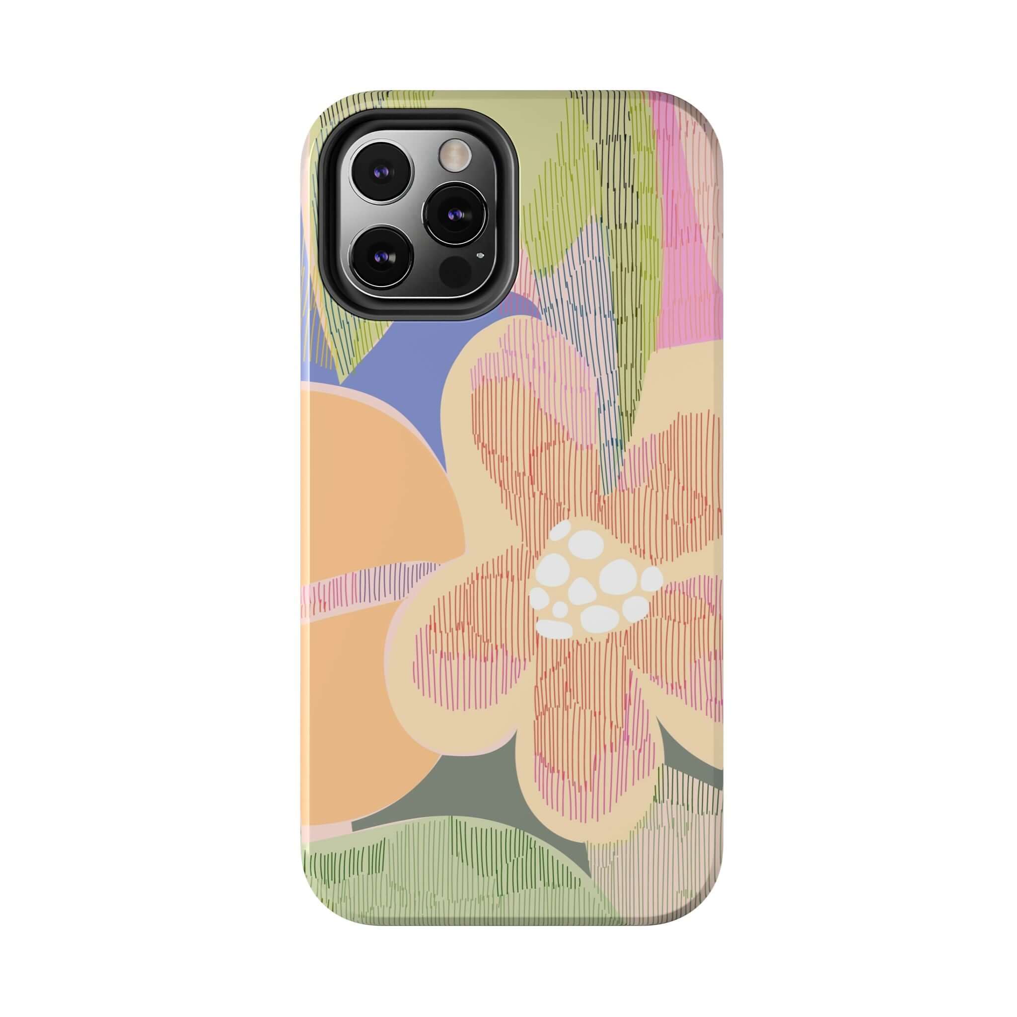 Colorful abstract floral iPhone 14 Pro Max case with palm trees and vibrant design. Cute and protective phone accessory.