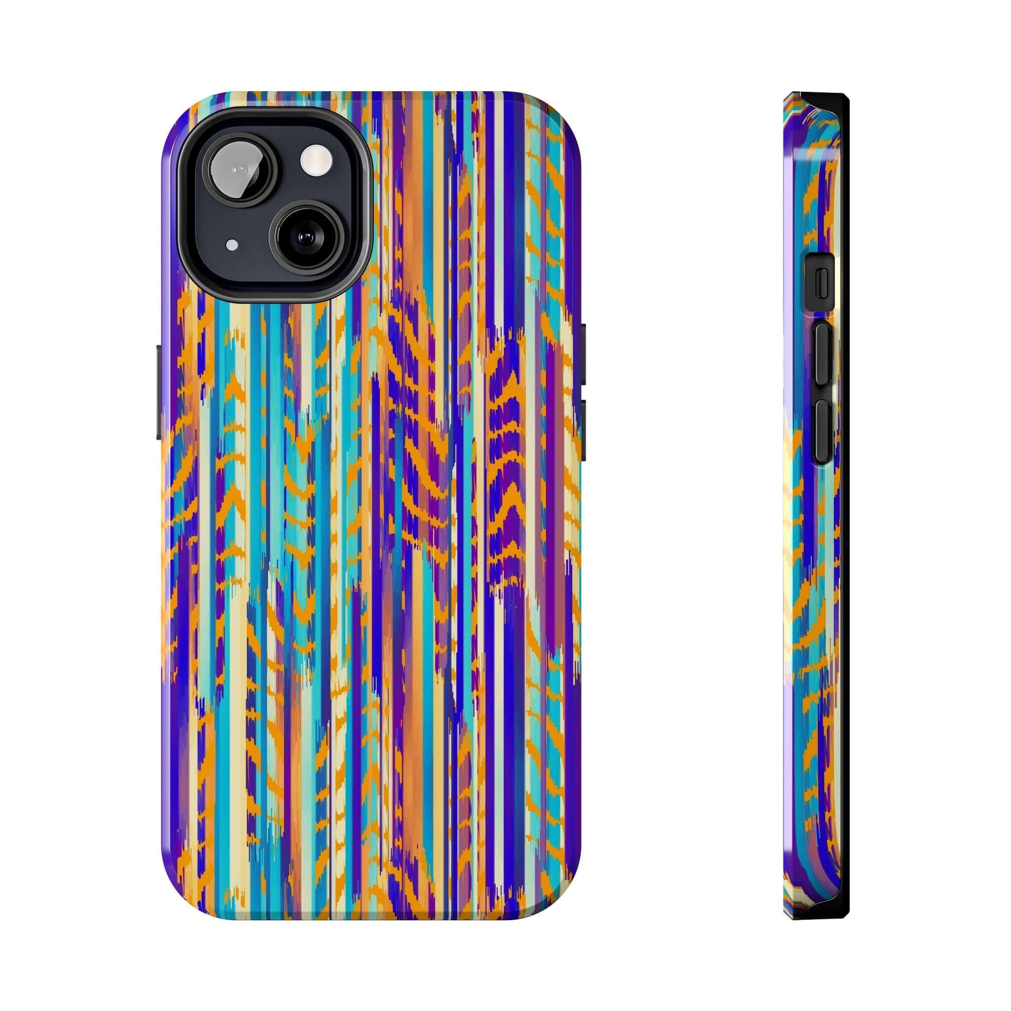 Colorful iPhone case with an abstract tie dye pattern, featuring vibrant stripes in blue, purple, and orange. Perfect cute phone case.