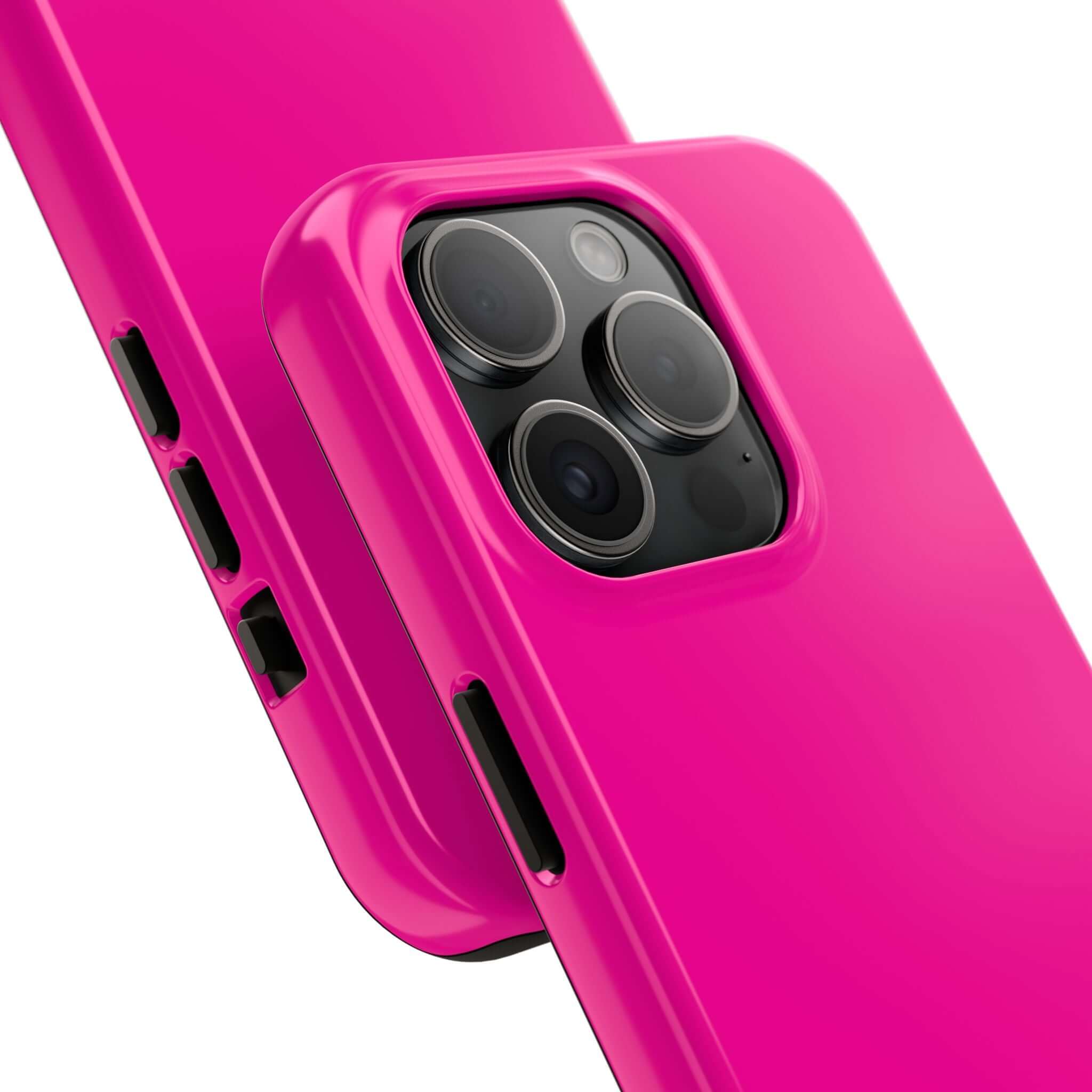 Neon pink iPhone case showcasing vibrant design and camera cutout from a cute case website offering free shipping.