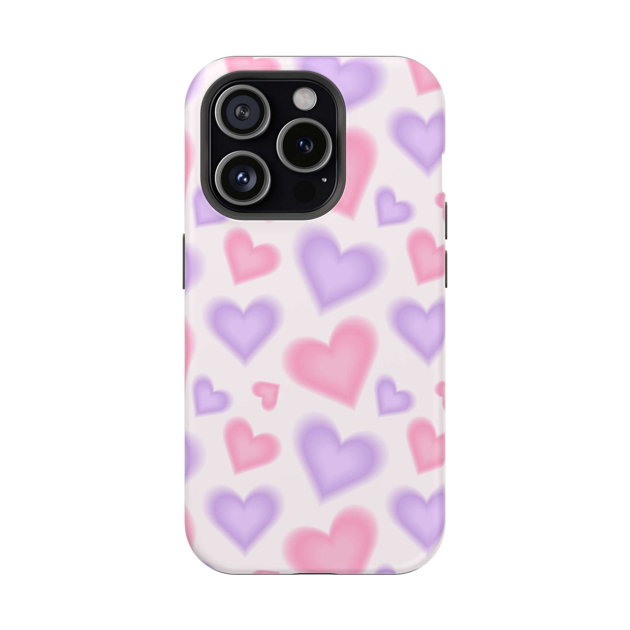 Cute phone cover featuring pink and purple hearts on a soft background, perfect for protecting your Apple iPhone.