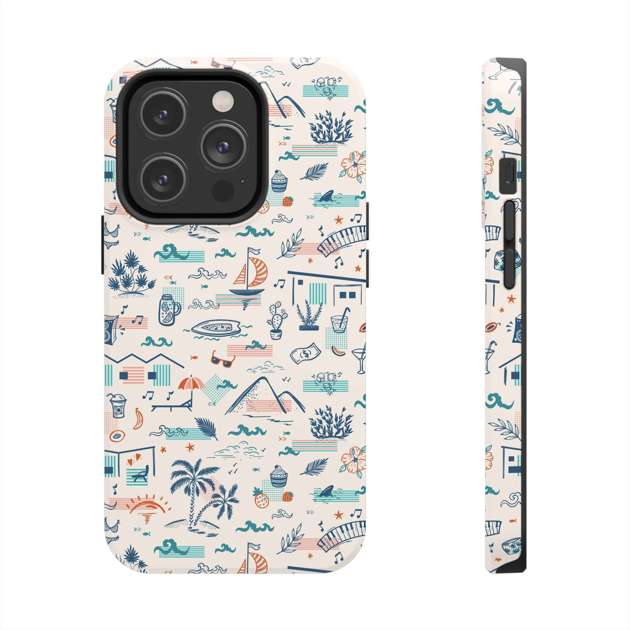 Colorful iPhone case with summer vacation design for iPhone 14 Pro Max, featuring cute and playful illustrations.