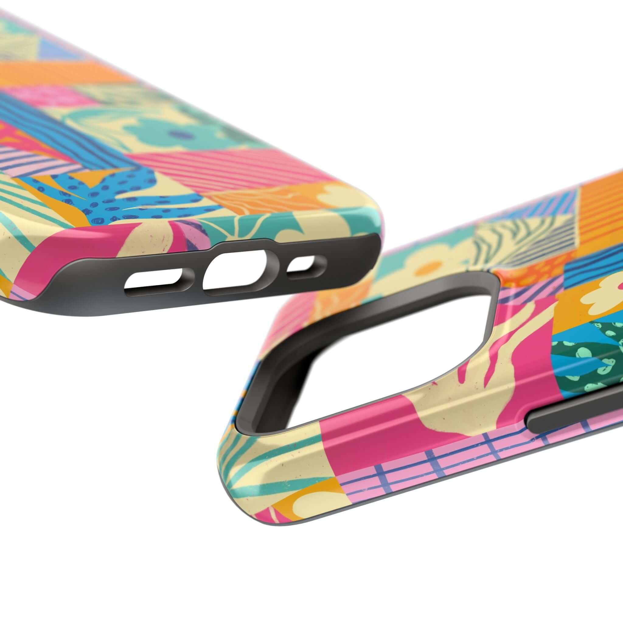 Colorful patchwork phone case for iPhone 16, perfect for beach lovers. Cute and protective, adds playful style to any outfit.