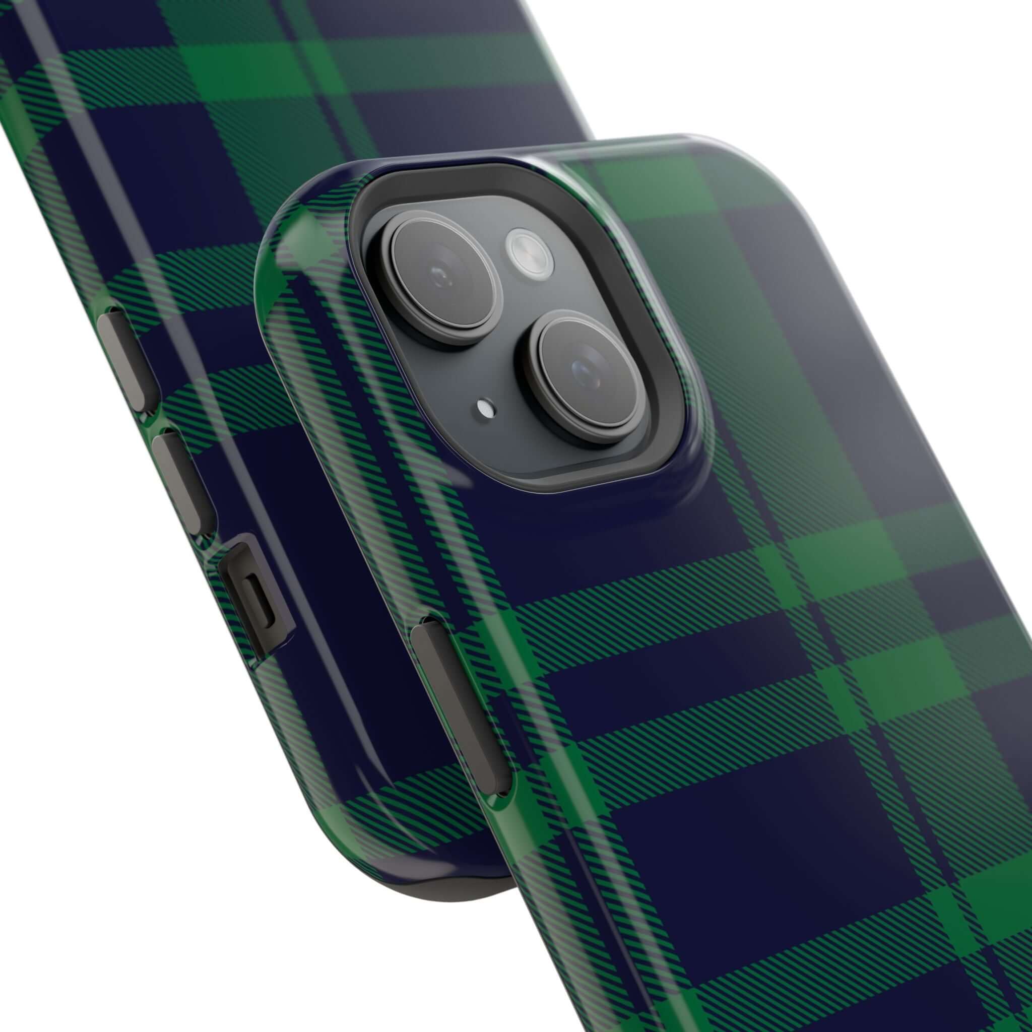 Cute Mistletoe Plaid MagSafe case with green and navy plaid pattern, perfect for holiday cheer and iPhone protection.