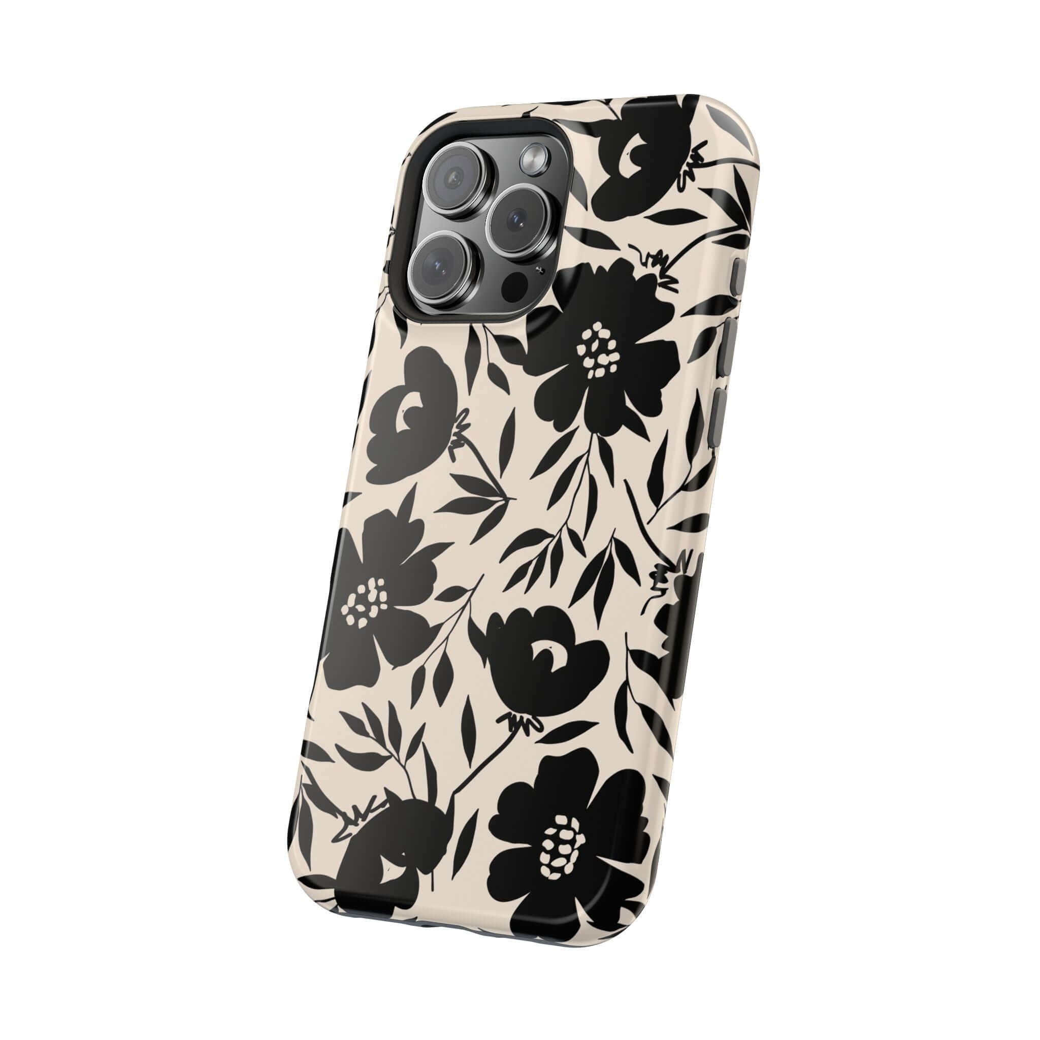 Black Floral iPhone 16 Case with Bold Eclipse Garden Design, Cute Phone Accessory