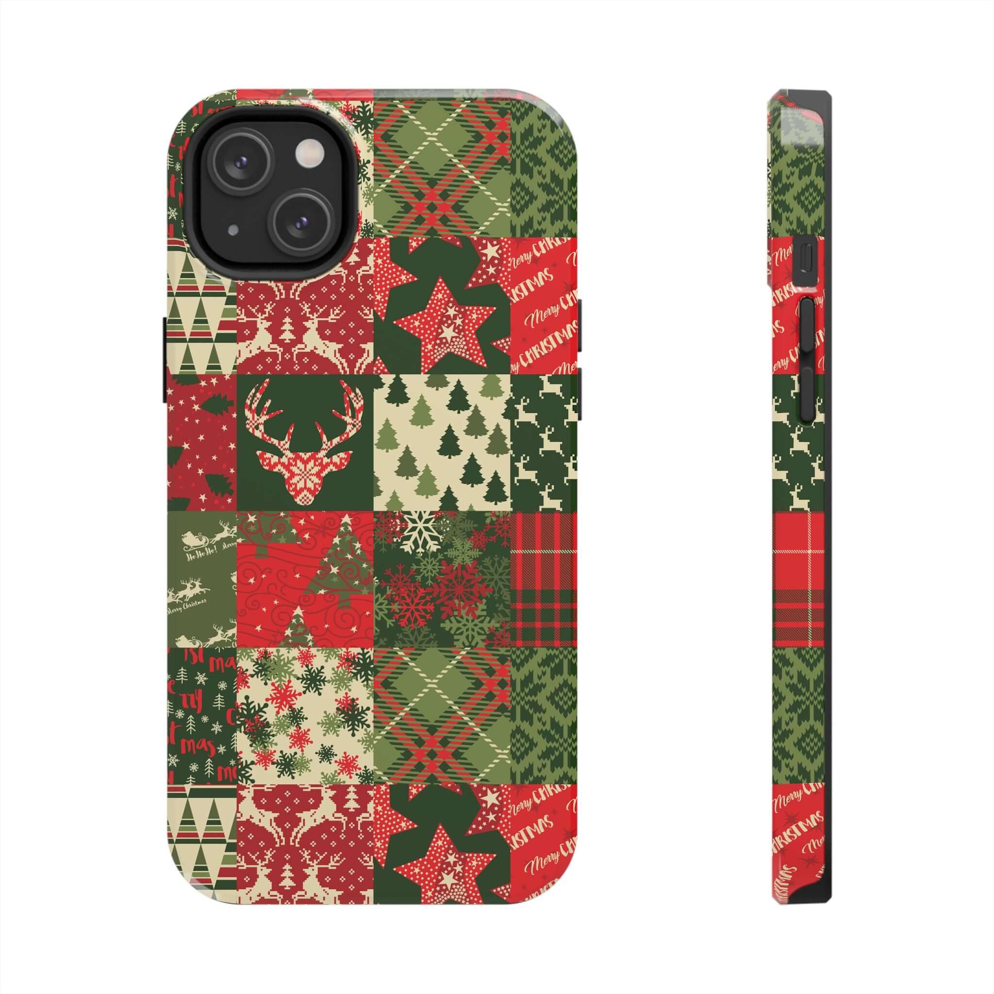 Cute iPhone case with Christmas tree, Santa, and snowflakes from Cozy Quiltmas. Festive phone case design, perfect for gifts.