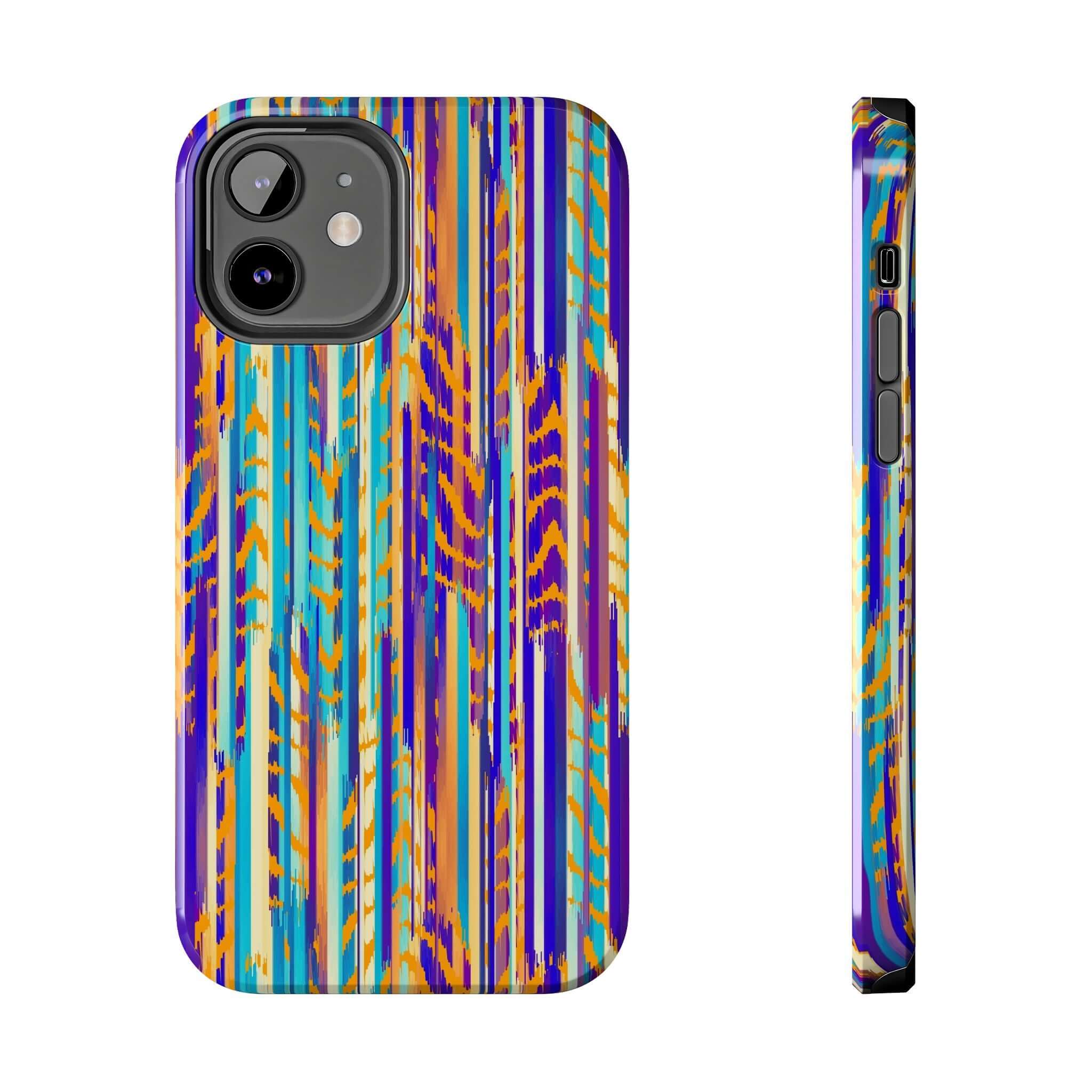 Colorful Trippy Weaver tie dye iPhone case with abstract design, showcasing vibrant blue, orange, and purple patterns.