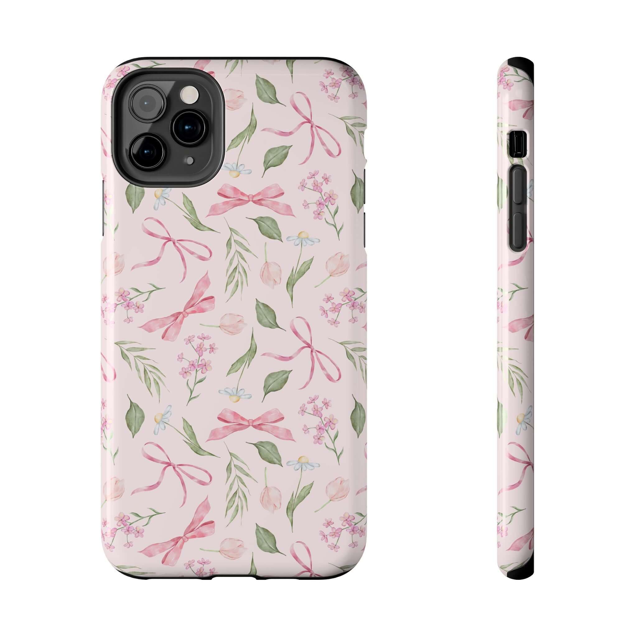 Cute pink iPhone case for iPhone 14 and iPhone 15 with adorable bow design from Girlie Twirls.