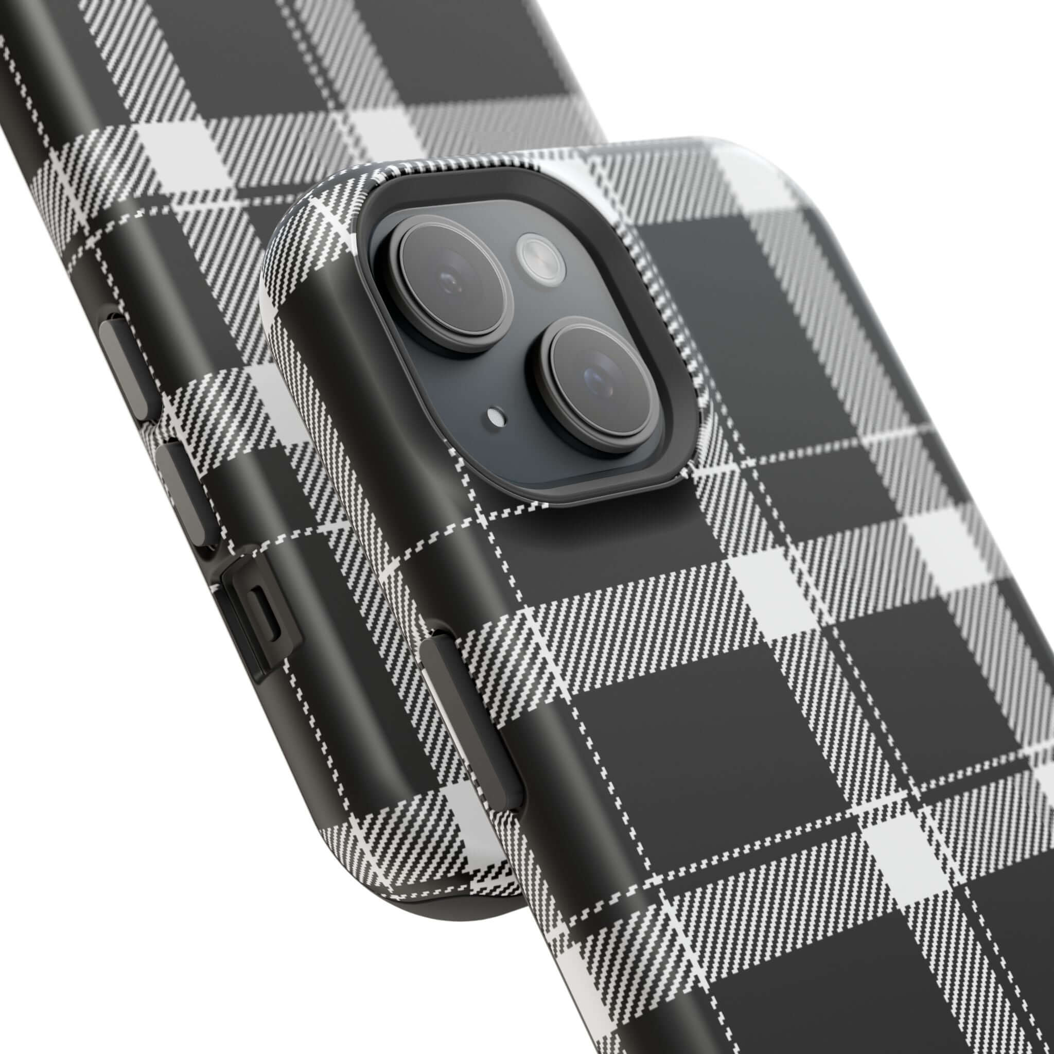 Stylish black plaid phone case protecting an iPhone, showcasing a cute design perfect for fashion-forward users.