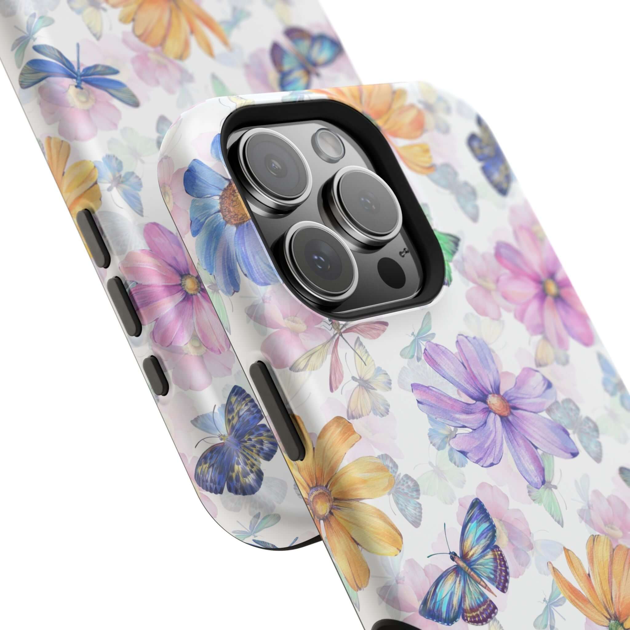 MagSafe compatible watercolor butterfly iPhone 16 case with cute and protective floral design featuring fluttering blooms.