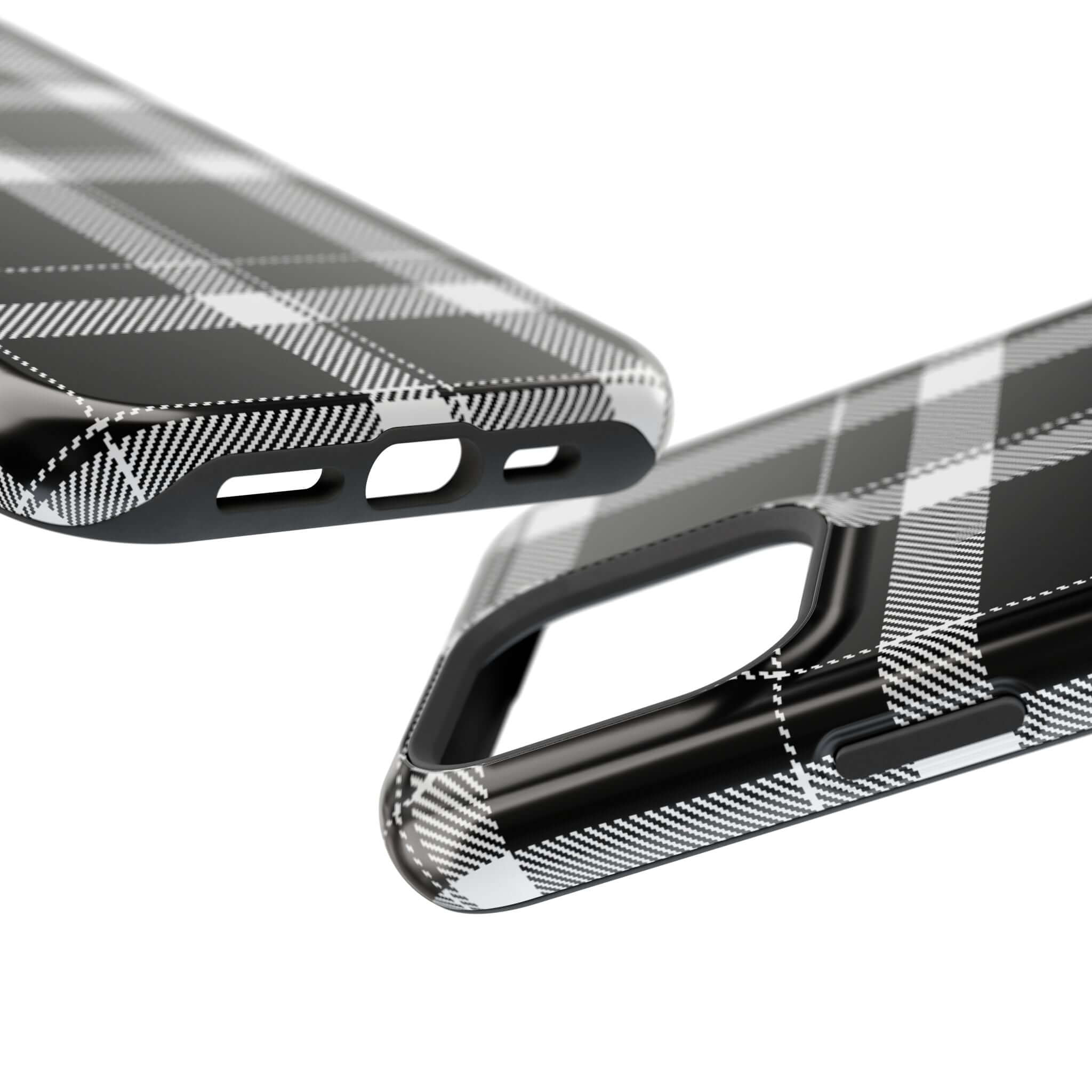 Close-up of a stylish black plaid phone case, perfect cute phone cover for Apple iPhone users wanting to stay fashionable.