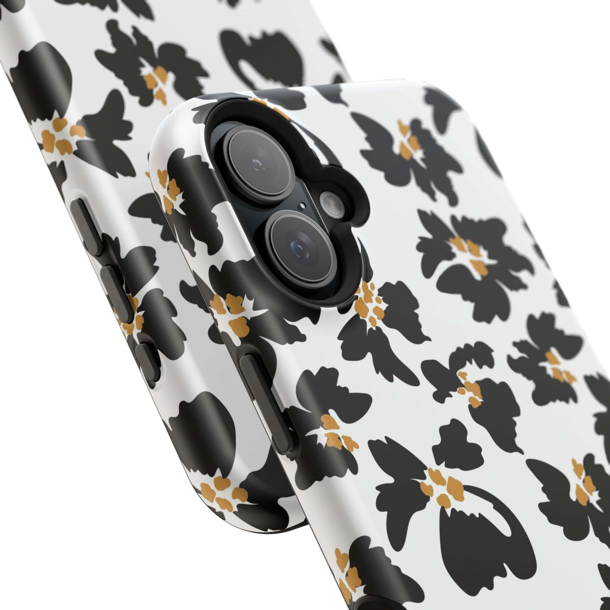 Modern Noir Flora black floral iPhone case with animal print design, cute and stylish MagSafe compatible phone protector.