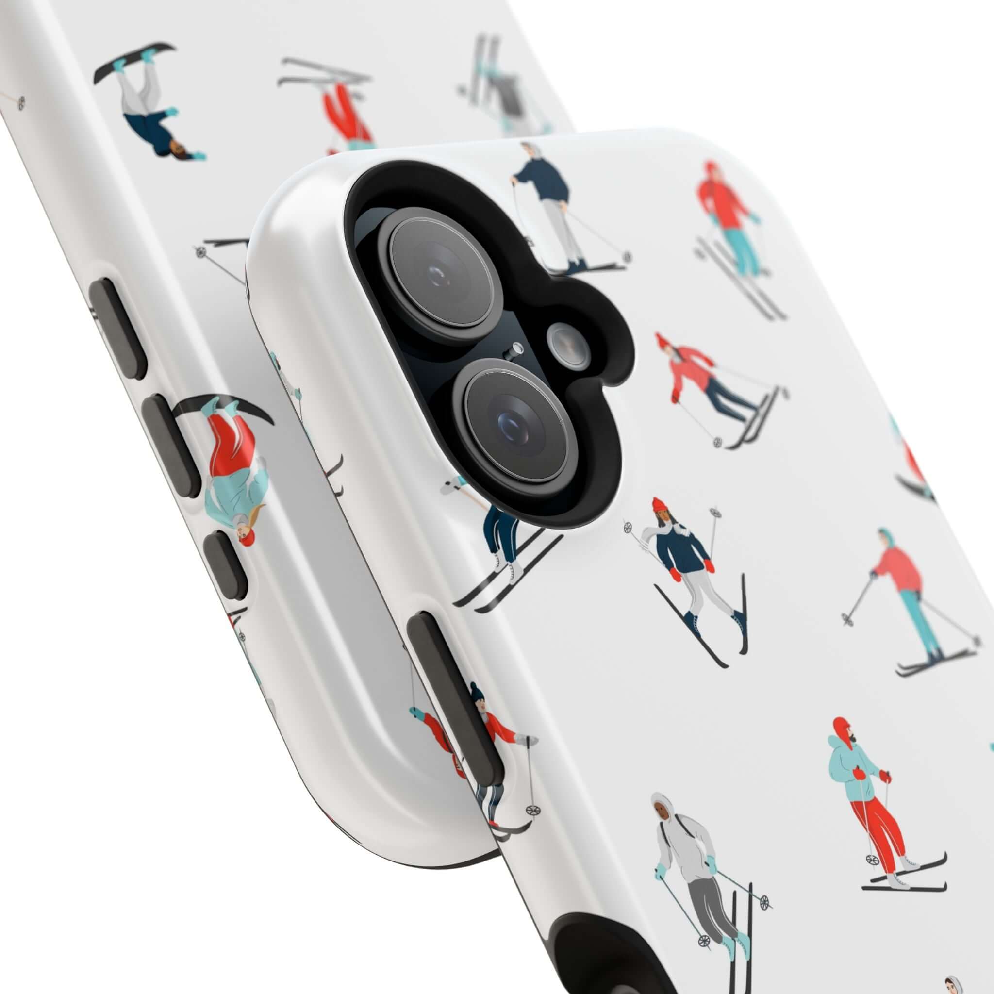 Cute phone cover featuring skiers, perfect winter skiing accessory for iPhone lovers and sports enthusiasts.