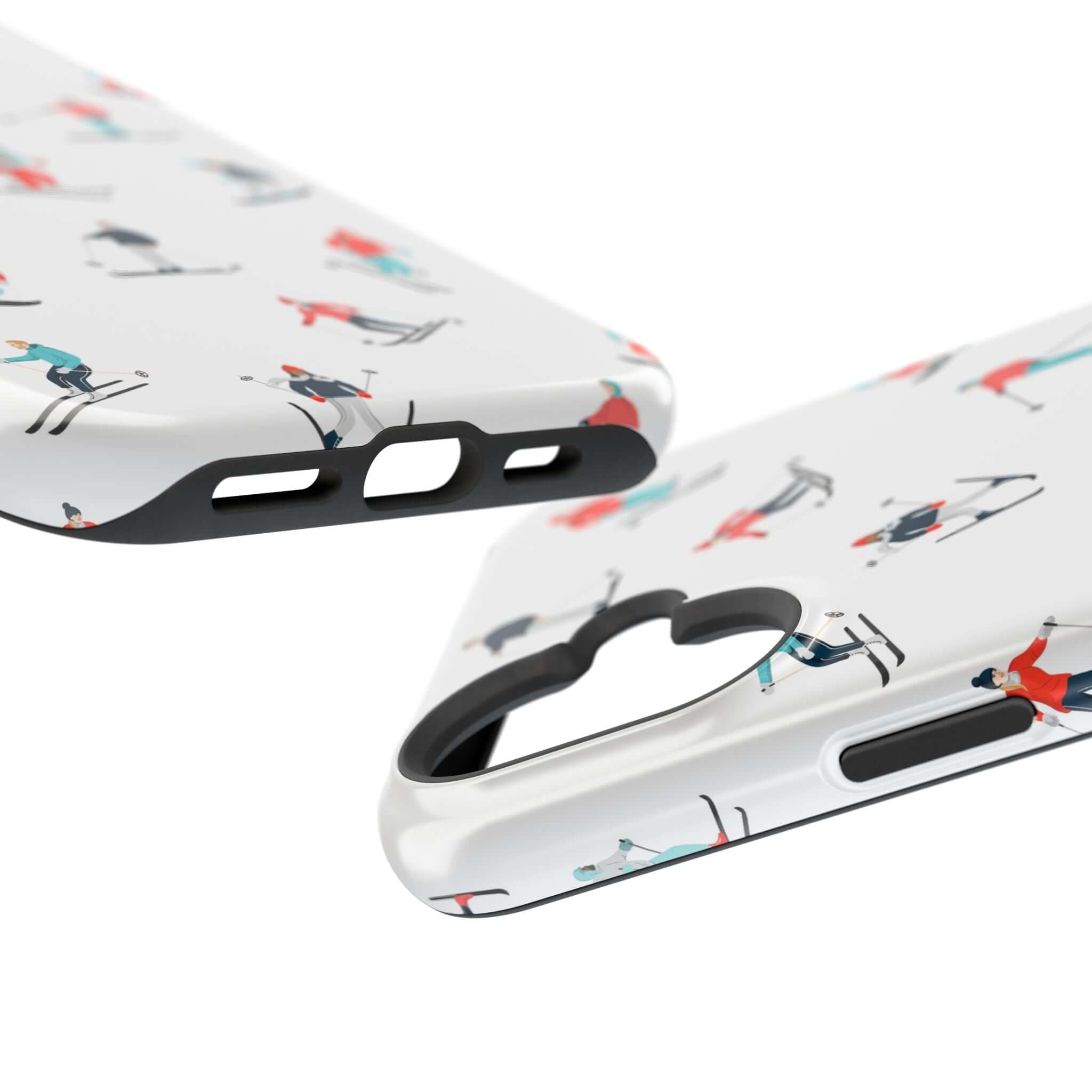 Cute phone case for iPhone featuring skiers on snowy slopes, perfect for winter sports lovers and MagSafe compatible.