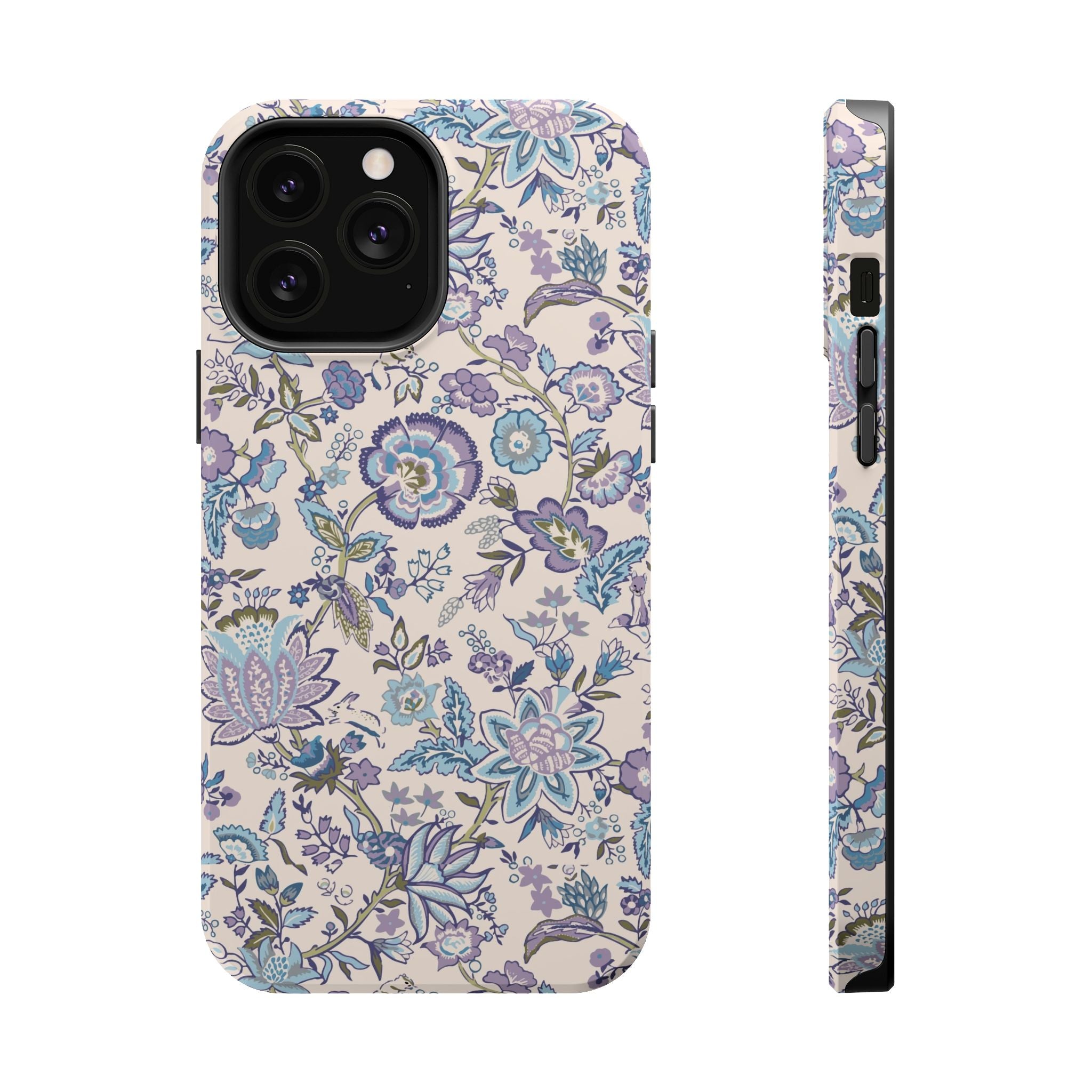 Blue CottageCore floral MagSafe iPhone case, whimsical nature-inspired cute phone cover, perfect floral iPhone case design.