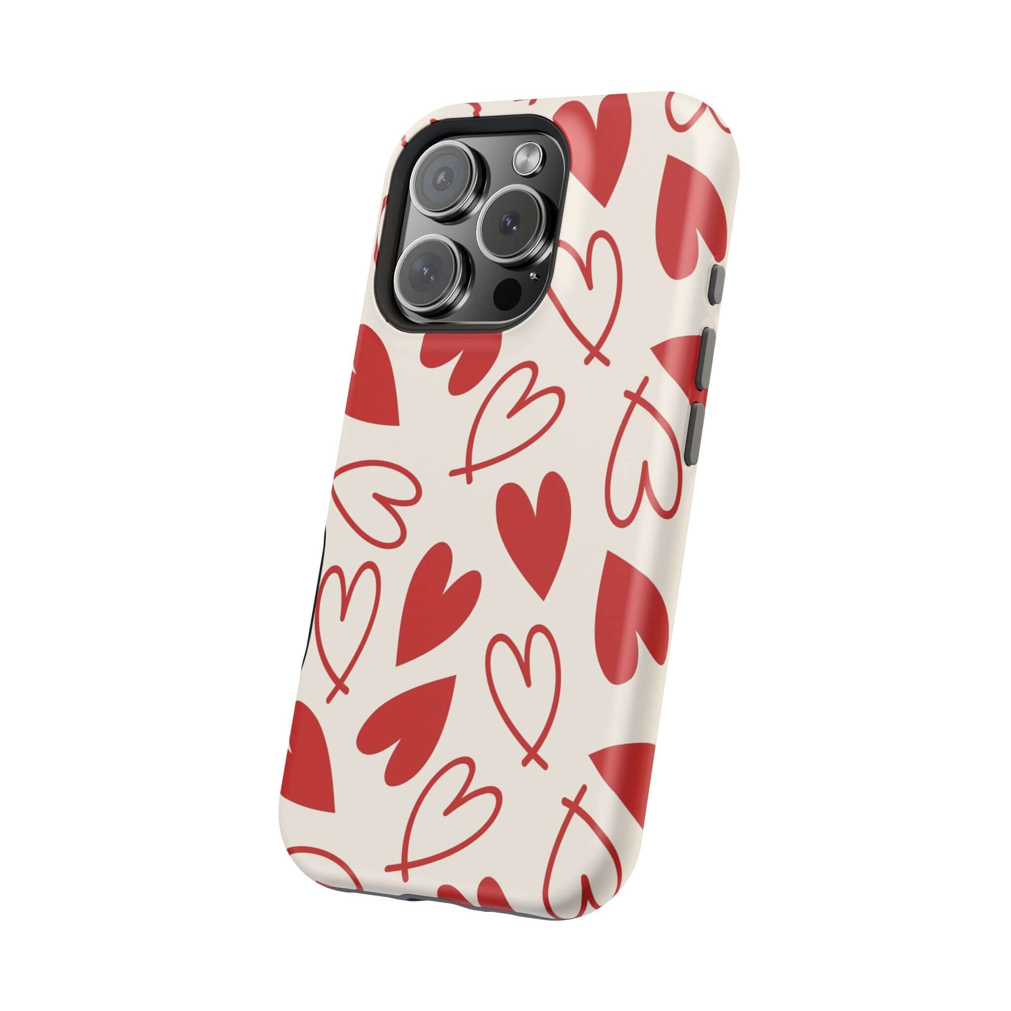 Cute iPhone case with playful red hearts design, the perfect phone cover for spreading love and showcasing your style.