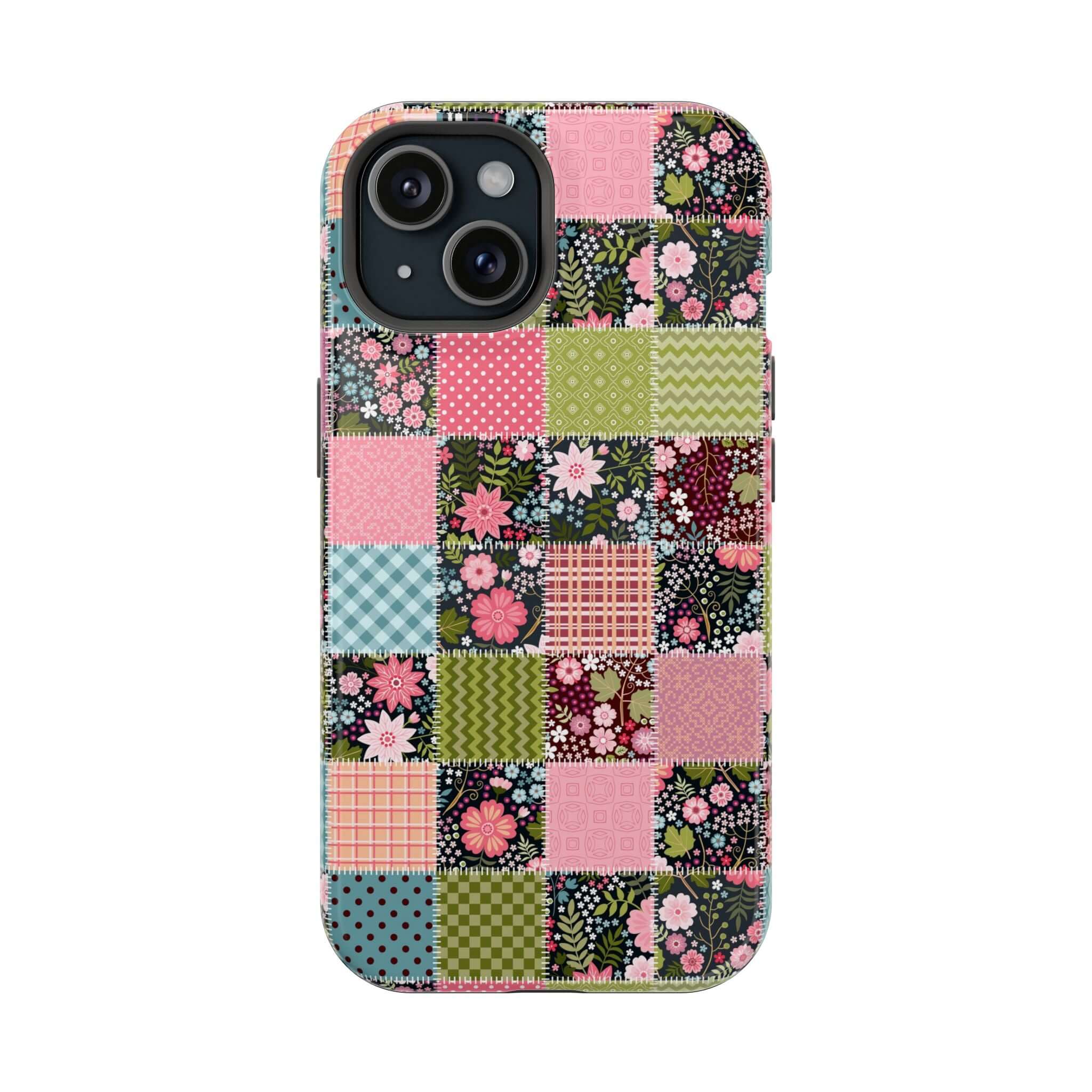 Cute floral patchwork MagSafe iPhone case with colorful wildflower design, perfect for free-spirited granola girl vibes.