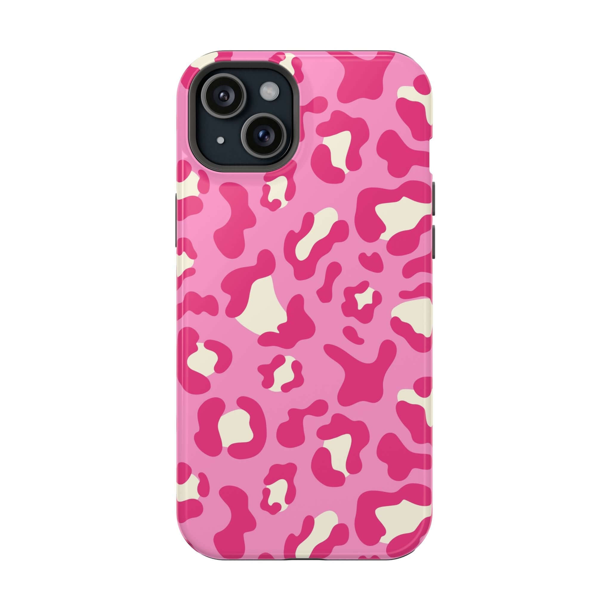 Preppy Cheetah Pink MagSafe case for iPhone 14 Pro Max featuring a vibrant pink cheetah print design, functional and stylish phone case