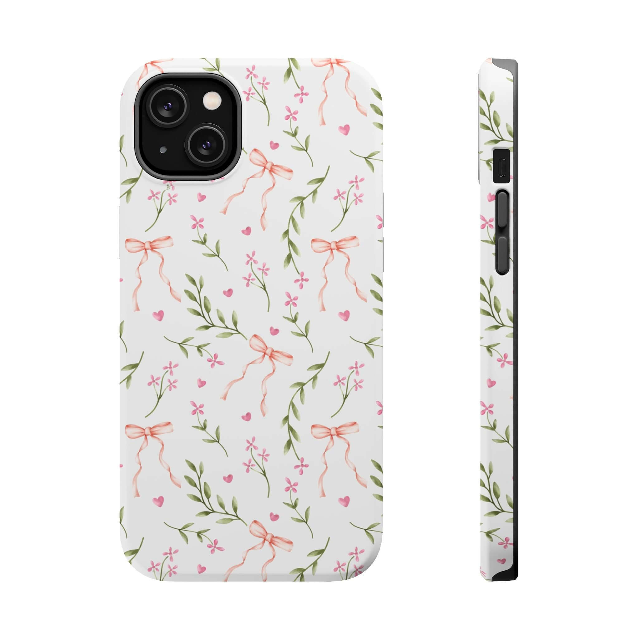 Darling Daydream Pink Coquette Case with bows and floral design, MagSafe compatible, cute and whimsical iPhone phone cover.