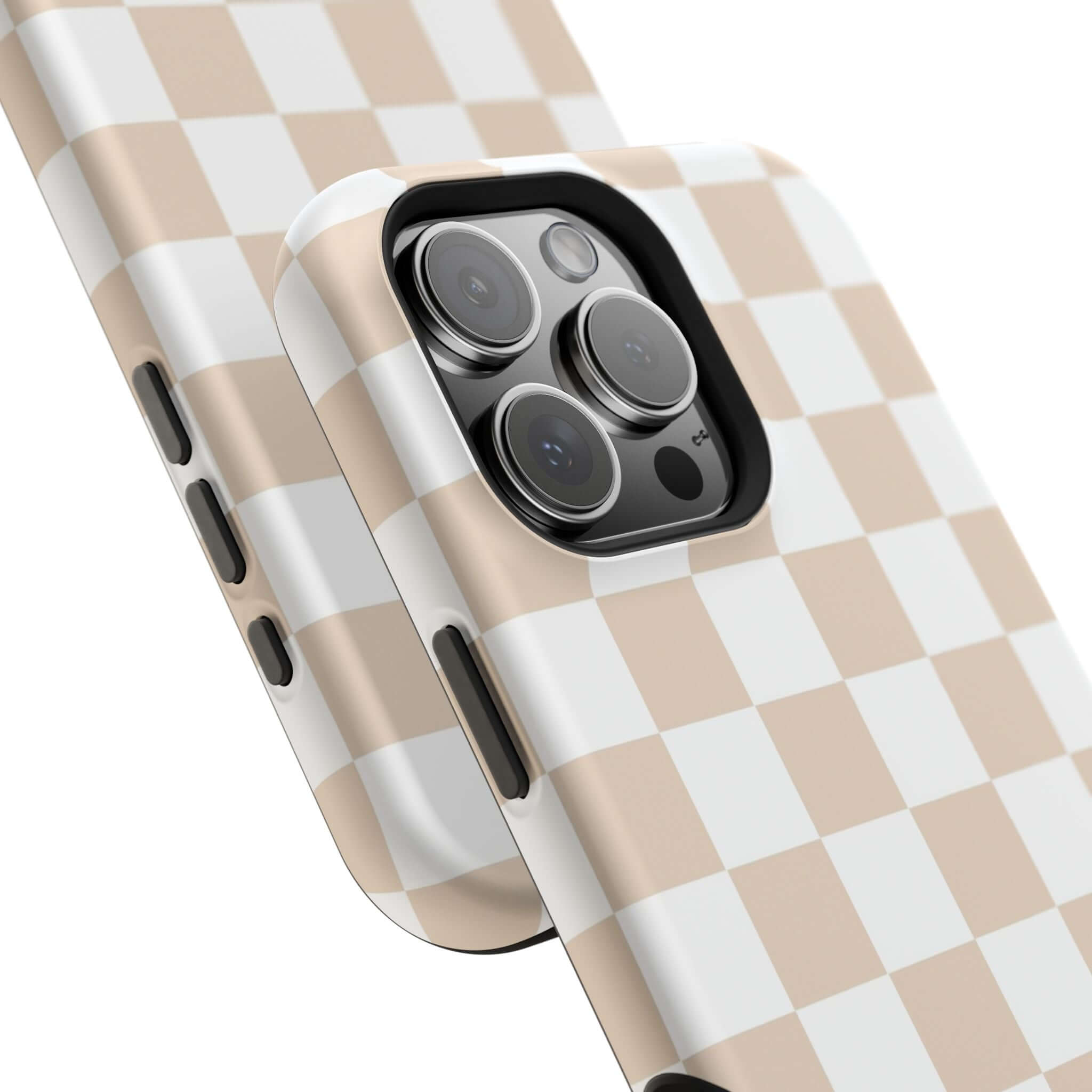 Cream checkered MagSafe iPhone 16 case with cute beige design and protective features