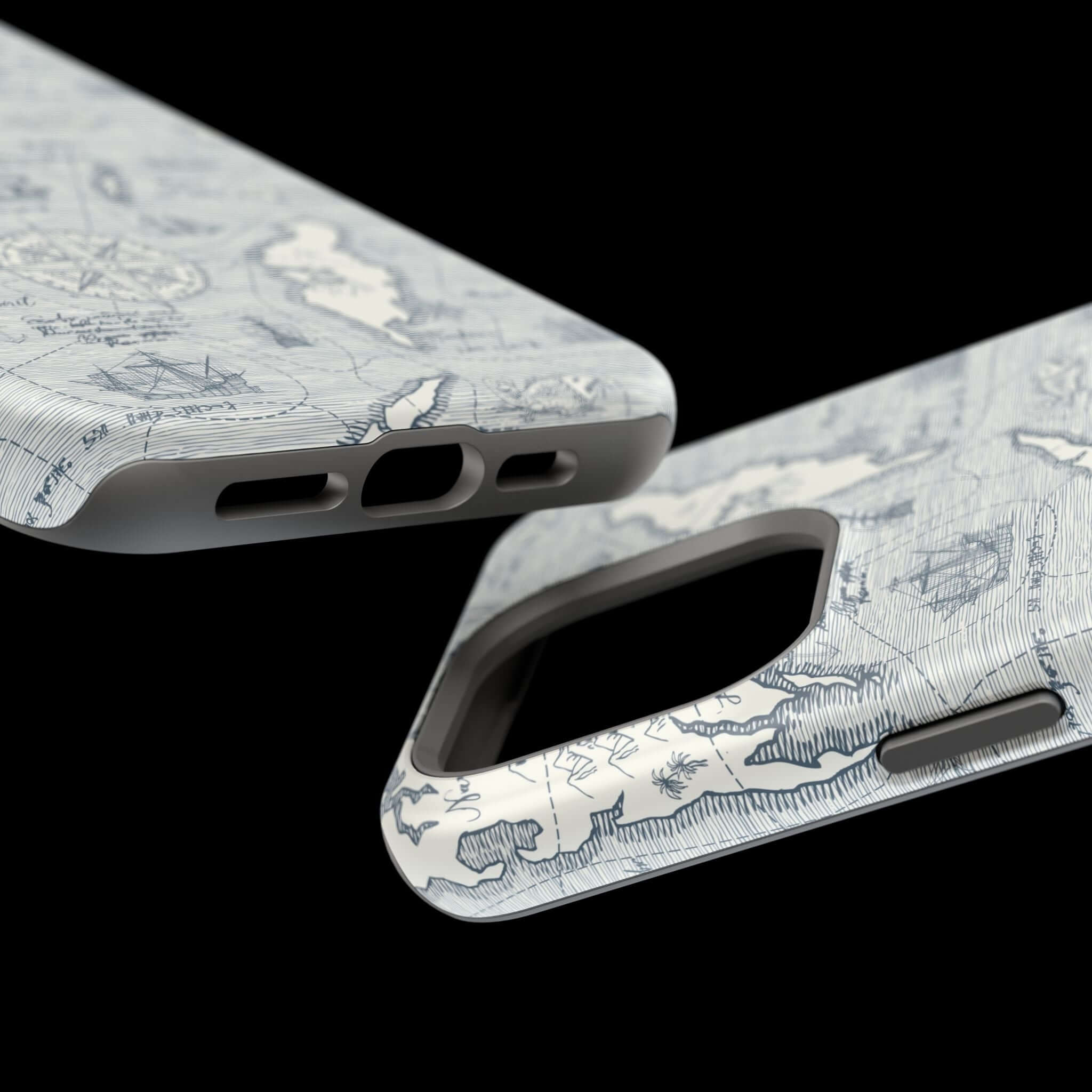 Close-up of Pirates Passageway teal phone case with nautical map design, compatible with iPhone 14 Pro Max and equipped with MagSafe technology.