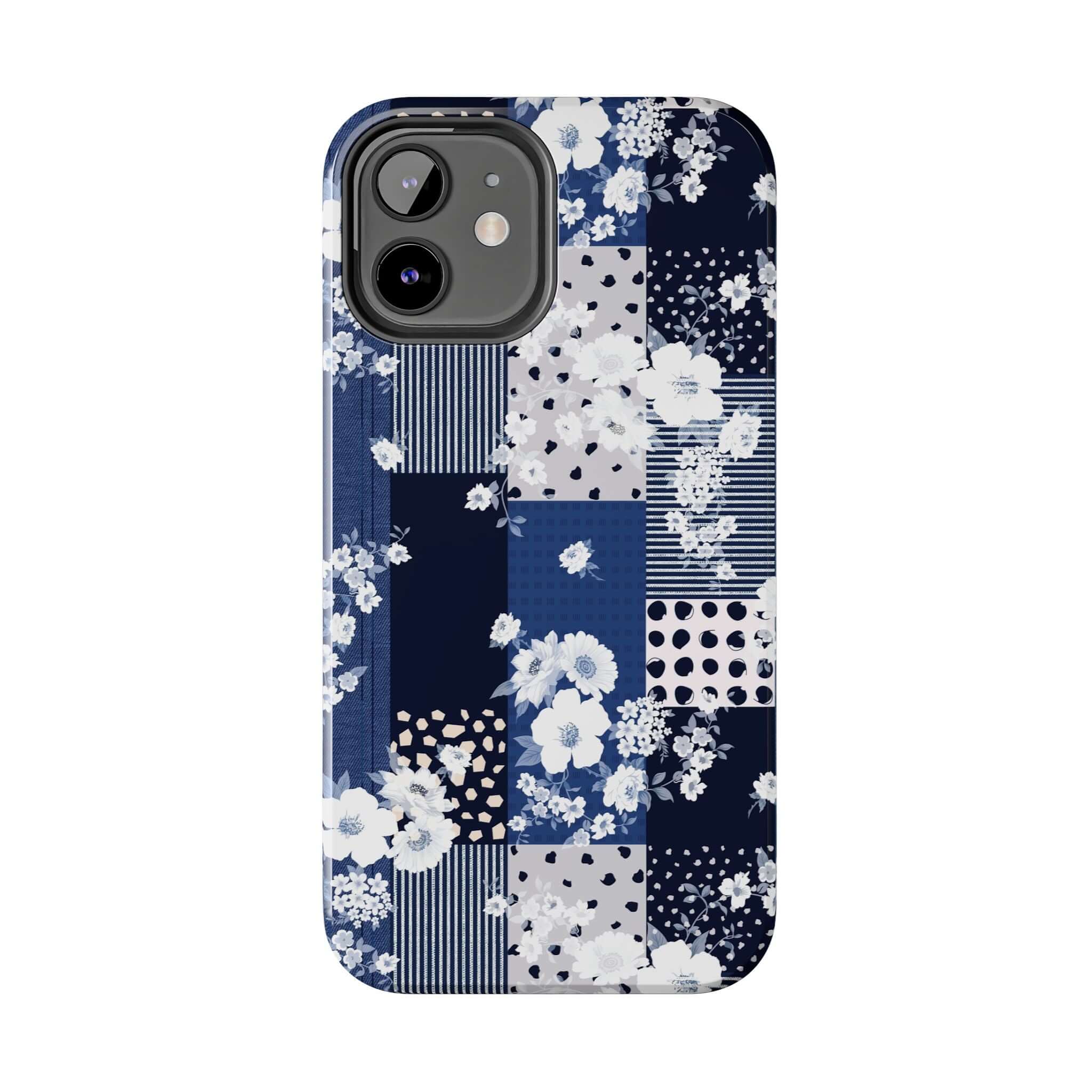 Sorority Book Club blue floral iPhone case, cute phone cover with flowers, stylish patchwork design, perfect phone case for Samsung and iPhone.