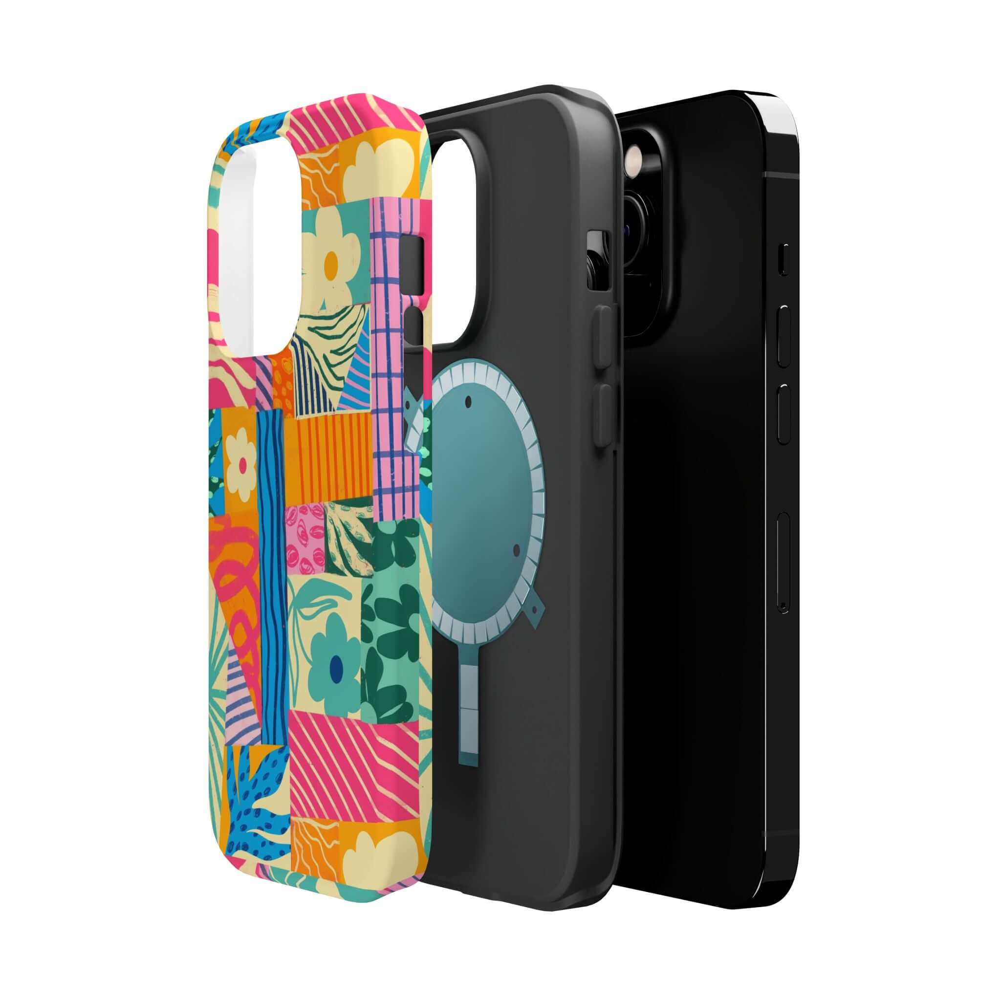 Colorful patchwork phone case for iPhone, perfect for beach lovers. Cute and playful design adds vibrant style to any outfit.