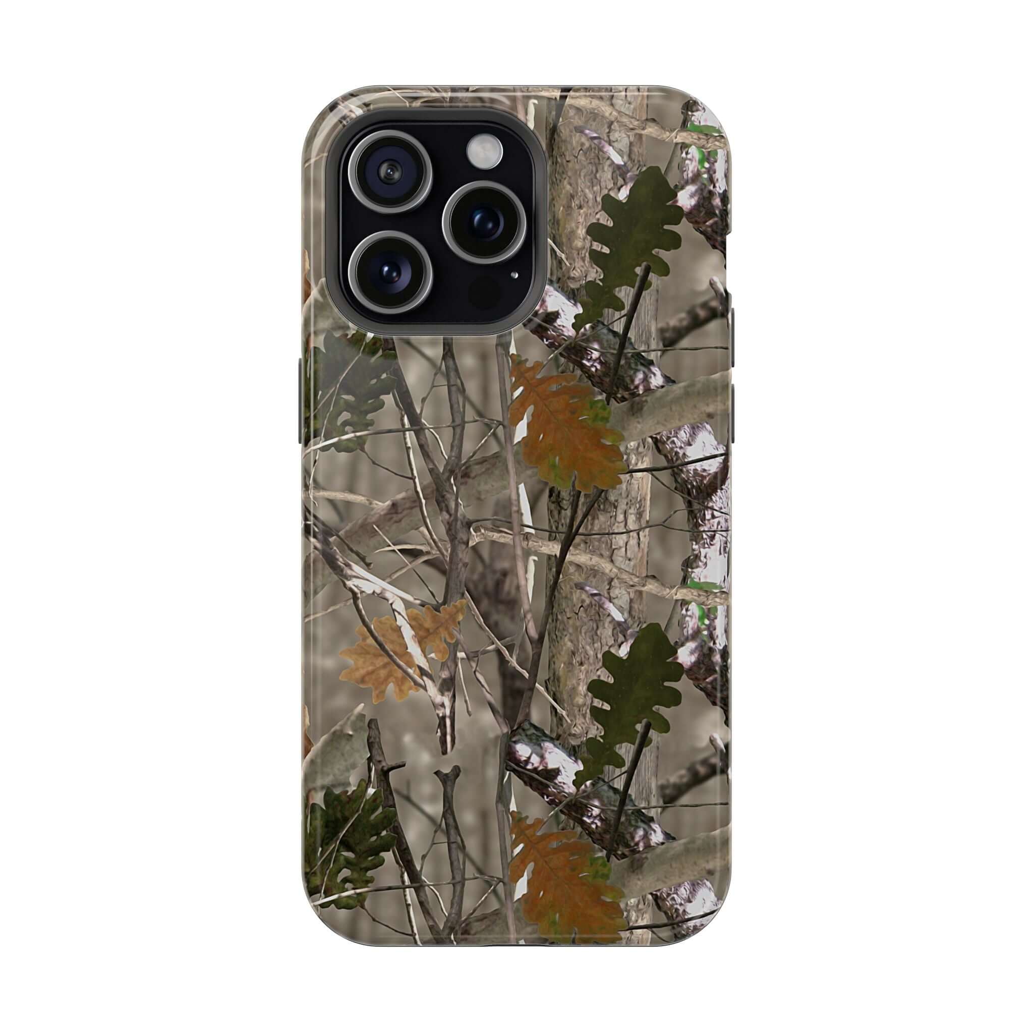 Forest camo phone case with animal print design, compatible with MagSafe for modern iPhones, offering cute and stylish protection.